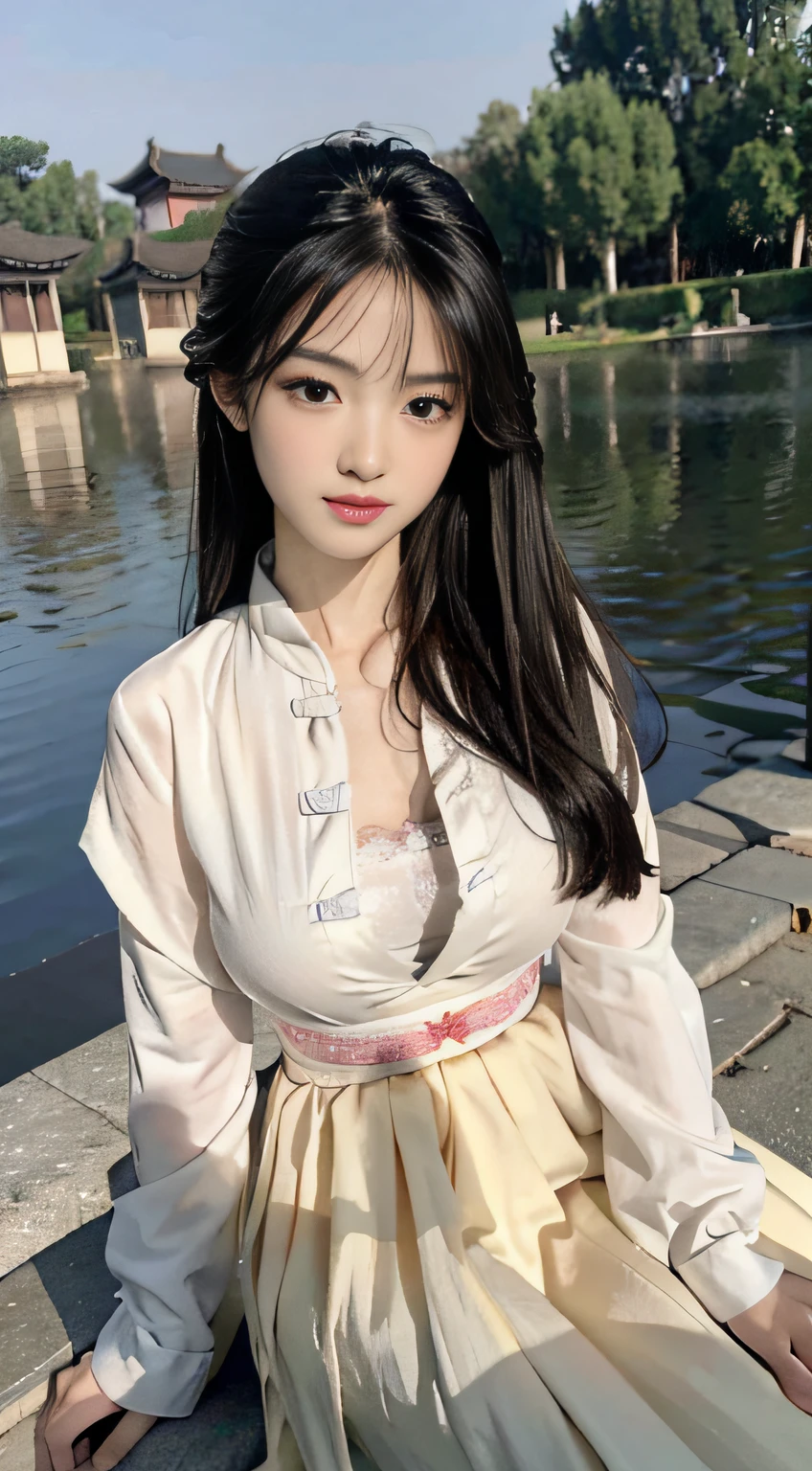 Master quality, highest quality, best picture quality, exaggerated details, a cute 8 year old asian little girl with a shy expression, slightly squinted eyes, adjusting her hair, long eyelashes (long hair / very, very exaggerated big breasts, big tits / in petticoat dress tissue, ), posing sit in front of the camera, wet breast hanfu, slim and tall waist, silk lace, xintong chen, with open v acient chinese clothes