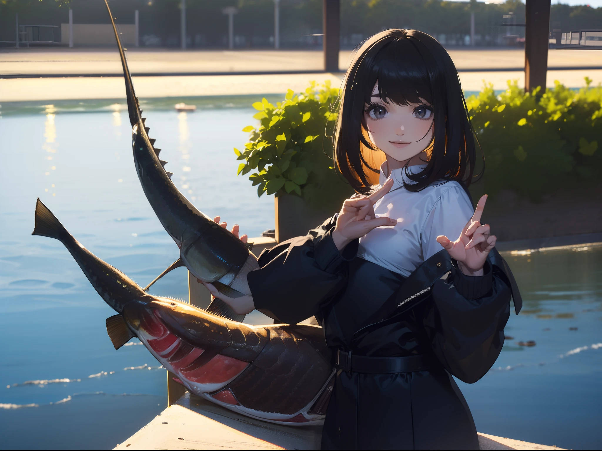 ((((Catch a big black bass by the lake:1.5)))),((1 female 22 years old))((Best Quality, masterpiece :1.5)),(((Hands with the correct number and structure of fingers:1.5))),hight resolution,ultra-detailliert,masterpiece,best qualtiy,Black hair, long eyeslashes, Solid Circle Eyes, Smiling Woman, drop shadow, Atmospheric perspective,Super Detail, ccurate, small brest,(Black jacket :1.1),top-quality, blurry backround, bokeh dof:1.2, (masterpiece:1.3), Atmospheric perspective,Super Detail,dynamic compositions