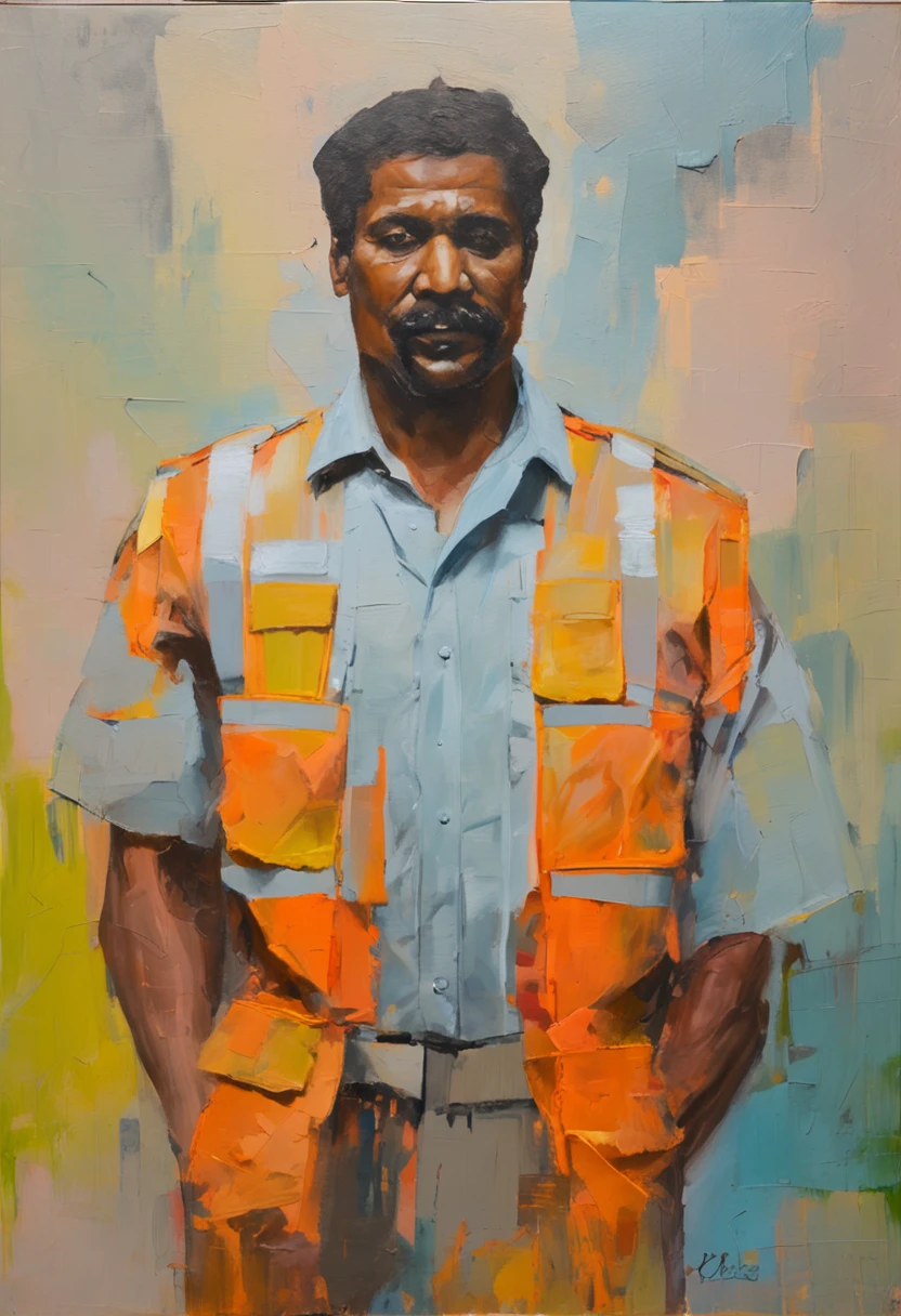 um homem, inspirado em Pedro Pascal, master part, extremamente detalhado, melhor qualidade, ((Traffic officer costume with reflective vest)), ((corpo inteiro):1.5) extremamente detalhado, (8k, qualidade superior, melhor qualidade, obra-prima, altamente detalhado: 1.2),