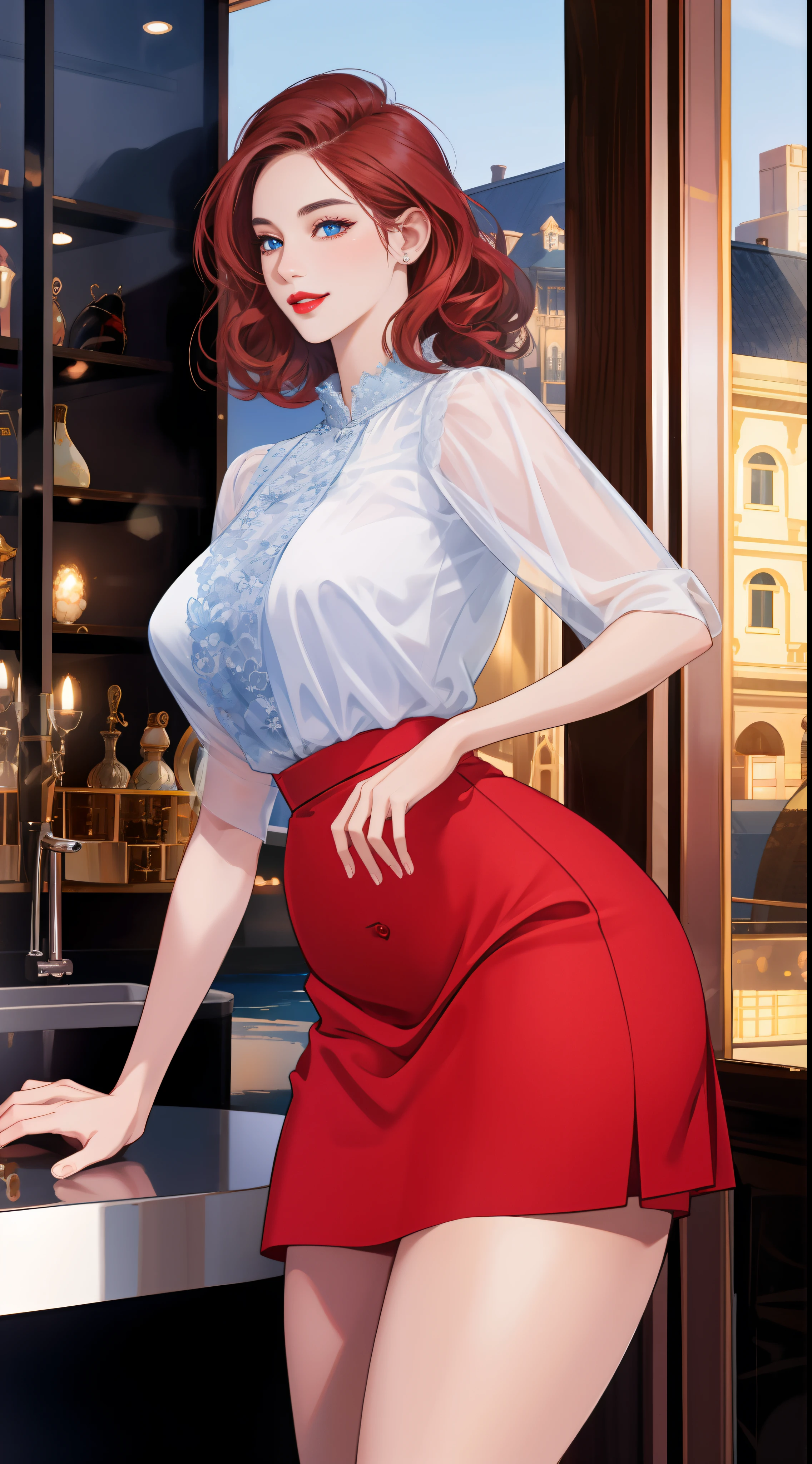 {1Woman, beautiful, beautiful face, flushed face, elegant short red hair, detailed hair, blue eyes, fair skin, shiny skin, [big ass], muscular thighs, mature, voluptuous:1.1, (luxury blouse:1.3), ((luxury skirt:1.3)), (Beautiful :1.2), ((cool pose)) dynamic, peaceful atmosphere, intelligent and a smile. Cute, short perm, blue eyes, red lips, thick lips, thin chin, feminine behavior}, Ultra quality, ultra realistic, ultra resolution, realistic texture, detailed, 8k, absurd, insane, incredibly, (in the city), niji,