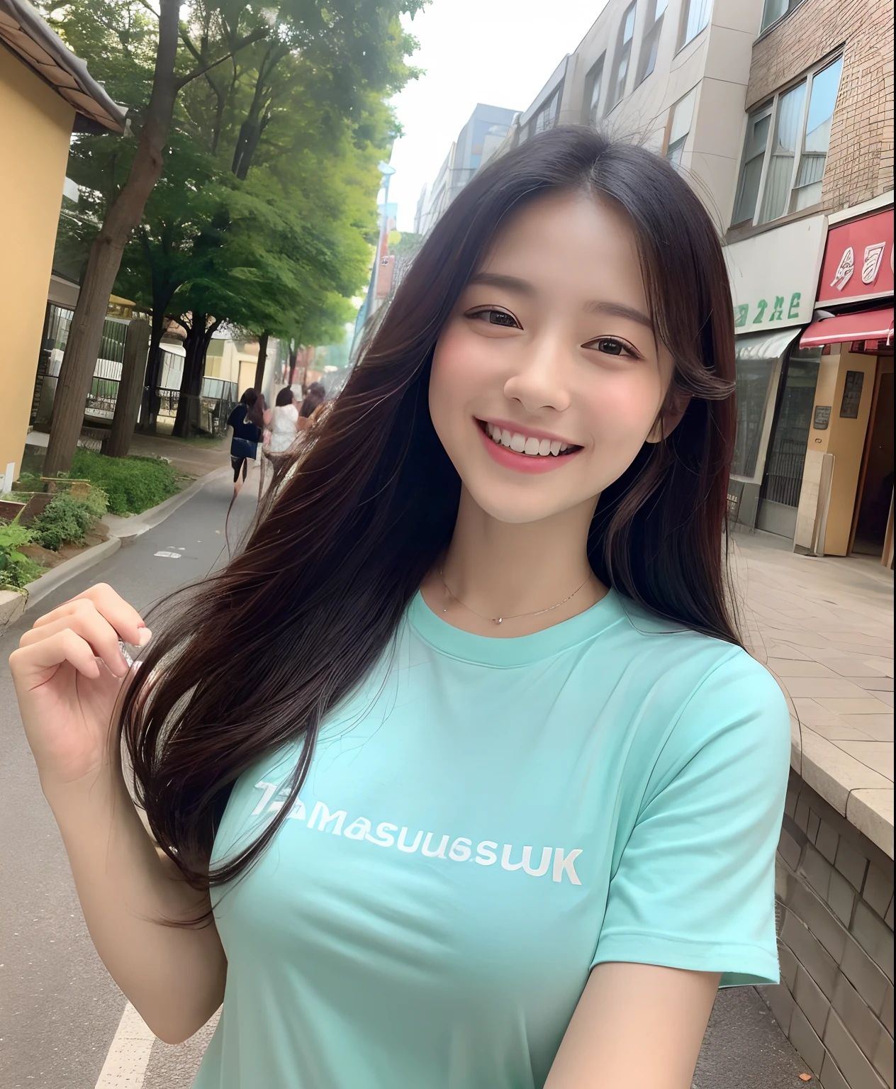 ((top-quality、in 8K、masterpiece:1.3))、1girl in、Beautiful woman with plump abs emphasized:1.3、(The long-haired、Colossal tits:1.2)、In the city、Super delicate face、wholesome、二重まぶた、A smile that showed teeth、Random Color T-Shirt、Looking at the camera、Big smile、Look here、Look at me with your eyes wide open、Cozy feeling、tshirts、Take a walk outside
