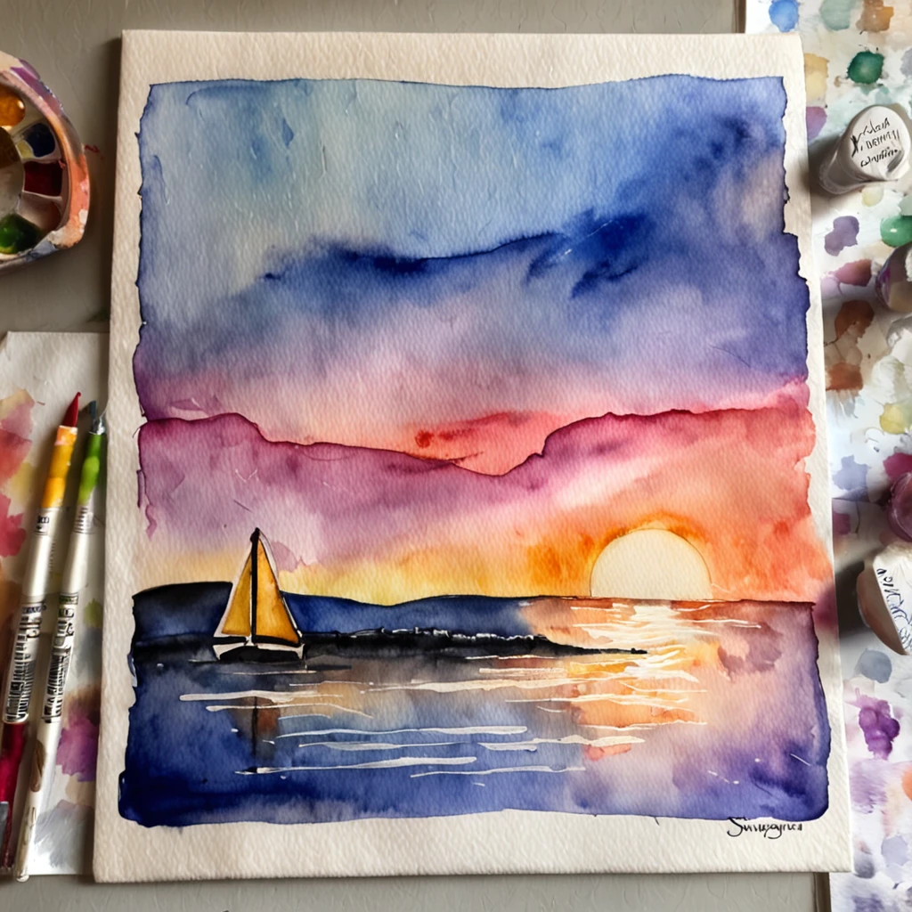 An imaginative watercolor interpretation of the ocean at sunset, where the colors blend and flow, capturing the magical atmosphere of dusk.
Descriptive keywords: Imaginative sunset, Color blending, Ocean magic, Watercolor ambiance, Twilight inspiration.
Camera type: Watercolor paper.
Time of the day: Twilight sunset.
Style of artwork: Whimsical and imaginative.
By artist: TwilightCanvas -ar 3:2