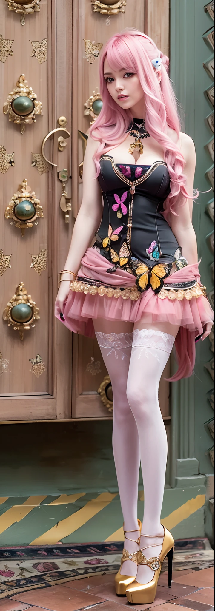 model poses,Pink haired beauty,Long hair shawl,Lower ponytail,Charming eyes,The skin is delicate,Bigchest,Yellow Uniform,Black stockings are depicted in great detail,Golden butterfly ornaments are elaborately depicted on the long legs,Ultra HD close-up,high-heels,softlighting,the street
