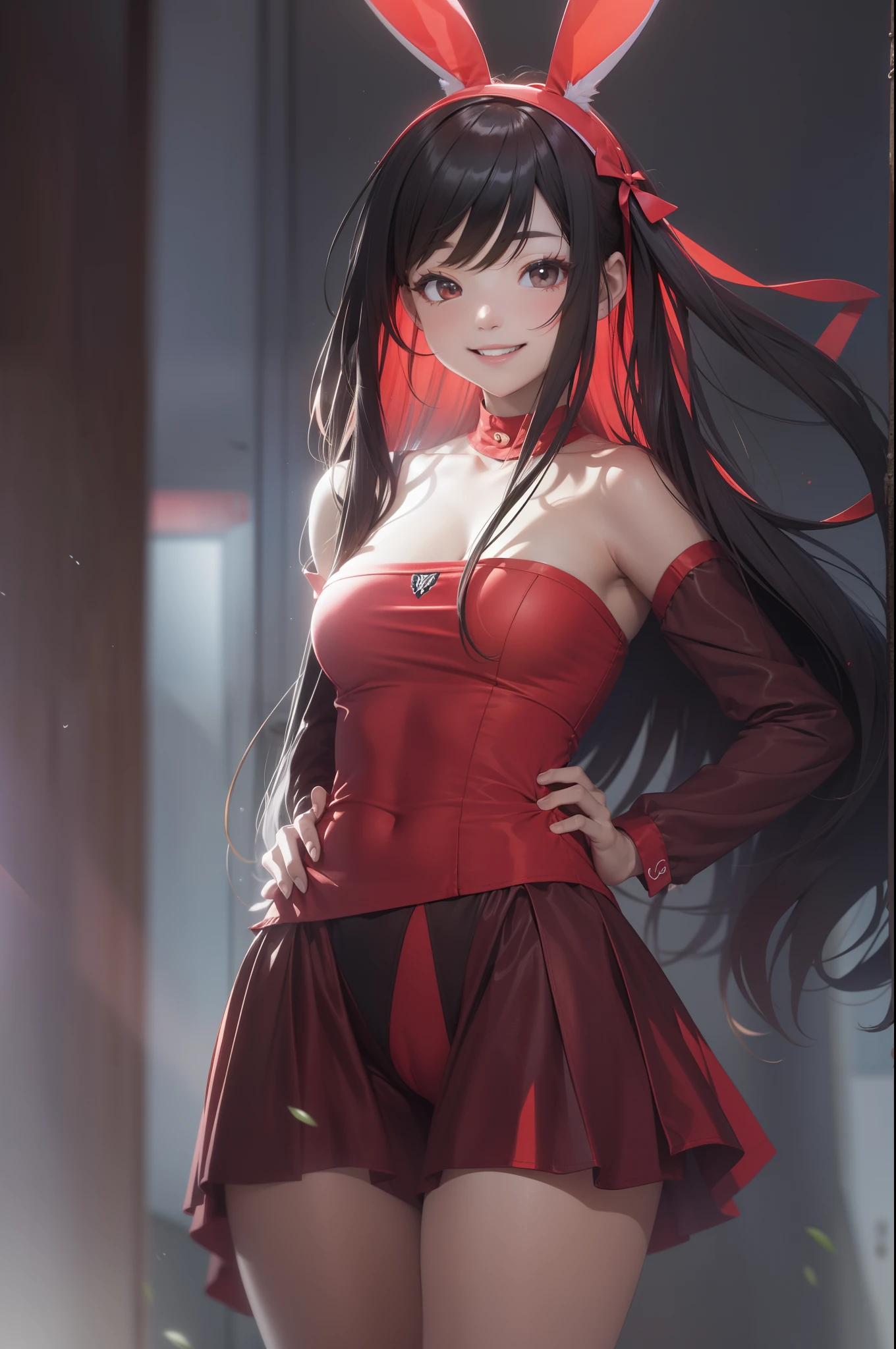 Rin Tohsaka, High definition, super resolution, well-defined and detailed artwork down to the smallest details, 4K, full hd, She is smiling, beautiful, well-defined blue eyes, high qualiy, make-up, aretes, Some accessories, bright red lipstick, looking the viewer, Full-body image, flegs , hands, well-defined and detailed arms and feet
