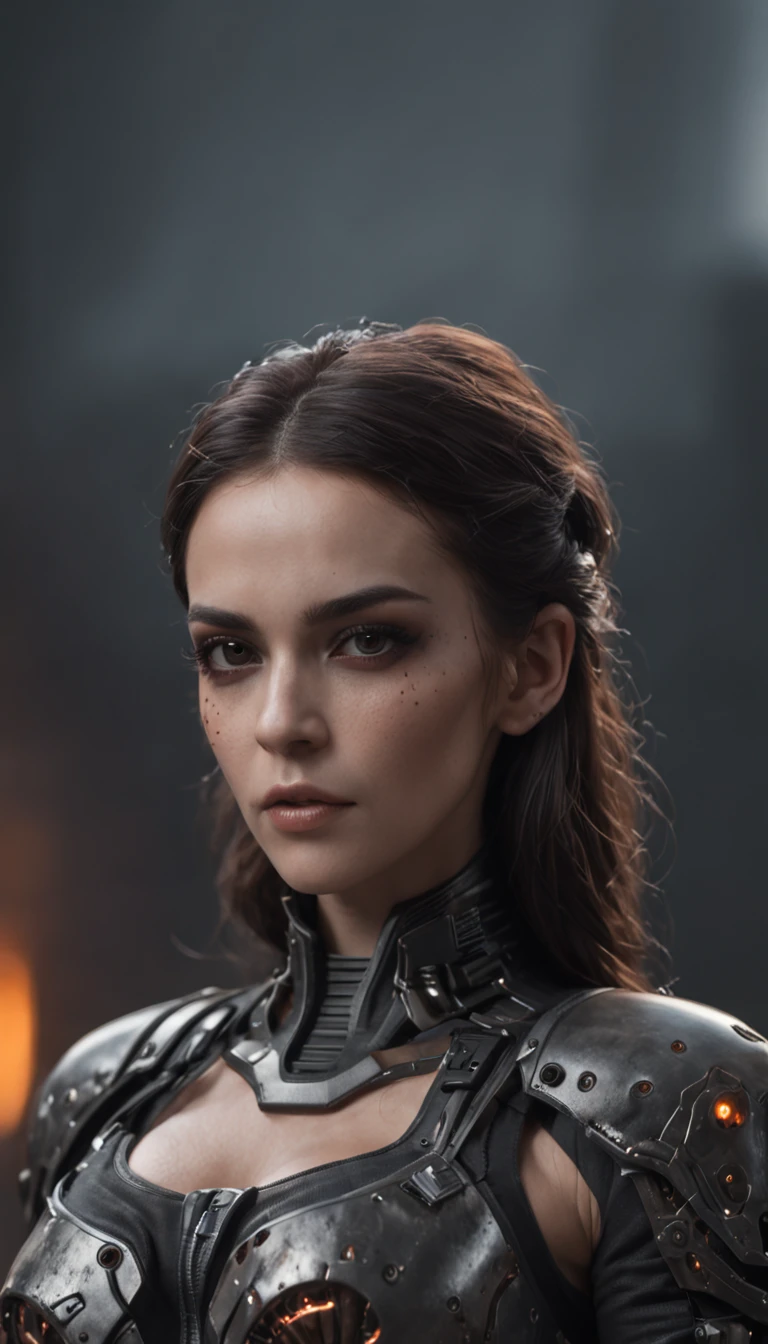 una hermosa mujer ciborg guerrera en el Style-RustMagic, Aumento de Cyberpunk, cyberware, ciborg, fibra de carbono, cromo, Implantes, Calavera de metal, Cybernetic plate armor, (atmosfera oscura:1.2), (diente & humo), (noche oscura:1.3), Cicatrices, (cabello oscuro de longitud media despeinado:1.1), (sombra de ojos:1.1), (Brillo bellamente detallado:1.2), (cinematic lighting), Detalles intrincados, Altas Resoluciones, ojos redondeados, Detailed facial features, foco nítido, Suave, aesthetic, Detailed dark industrial factory background, Pose elegante, dynamic  pose, (dramapaint)
