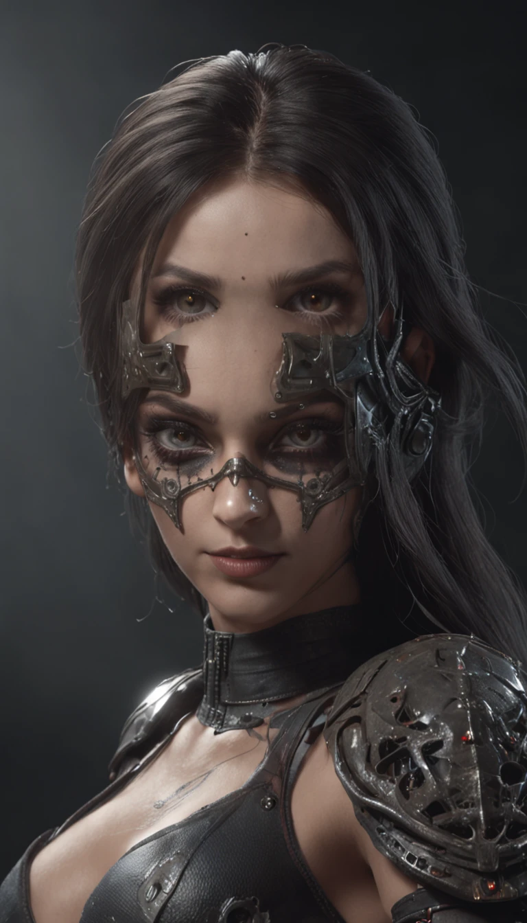 una hermosa mujer ciborg guerrera en el Style-RustMagic, Aumento de Cyberpunk, cyberware, ciborg, fibra de carbono, cromo, Implantes, Calavera de metal, Cybernetic plate armor, (atmosfera oscura:1.2), (diente & humo), (noche oscura:1.3), Cicatrices, (cabello oscuro de longitud media despeinado:1.1), (sombra de ojos:1.1), (Brillo bellamente detallado:1.2), (cinematic lighting), Detalles intrincados, Altas Resoluciones, ojos redondeados, Detailed facial features, foco nítido, Suave, aesthetic, Detailed dark industrial factory background, Pose elegante, dynamic  pose, (dramapaint)