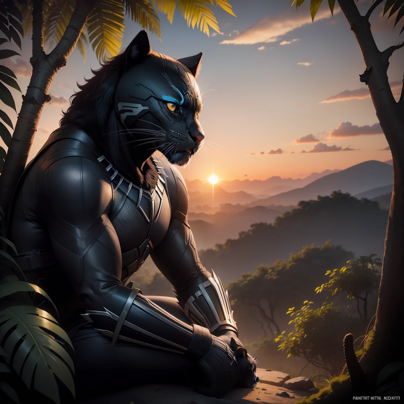 Black panther in jungle with sunset