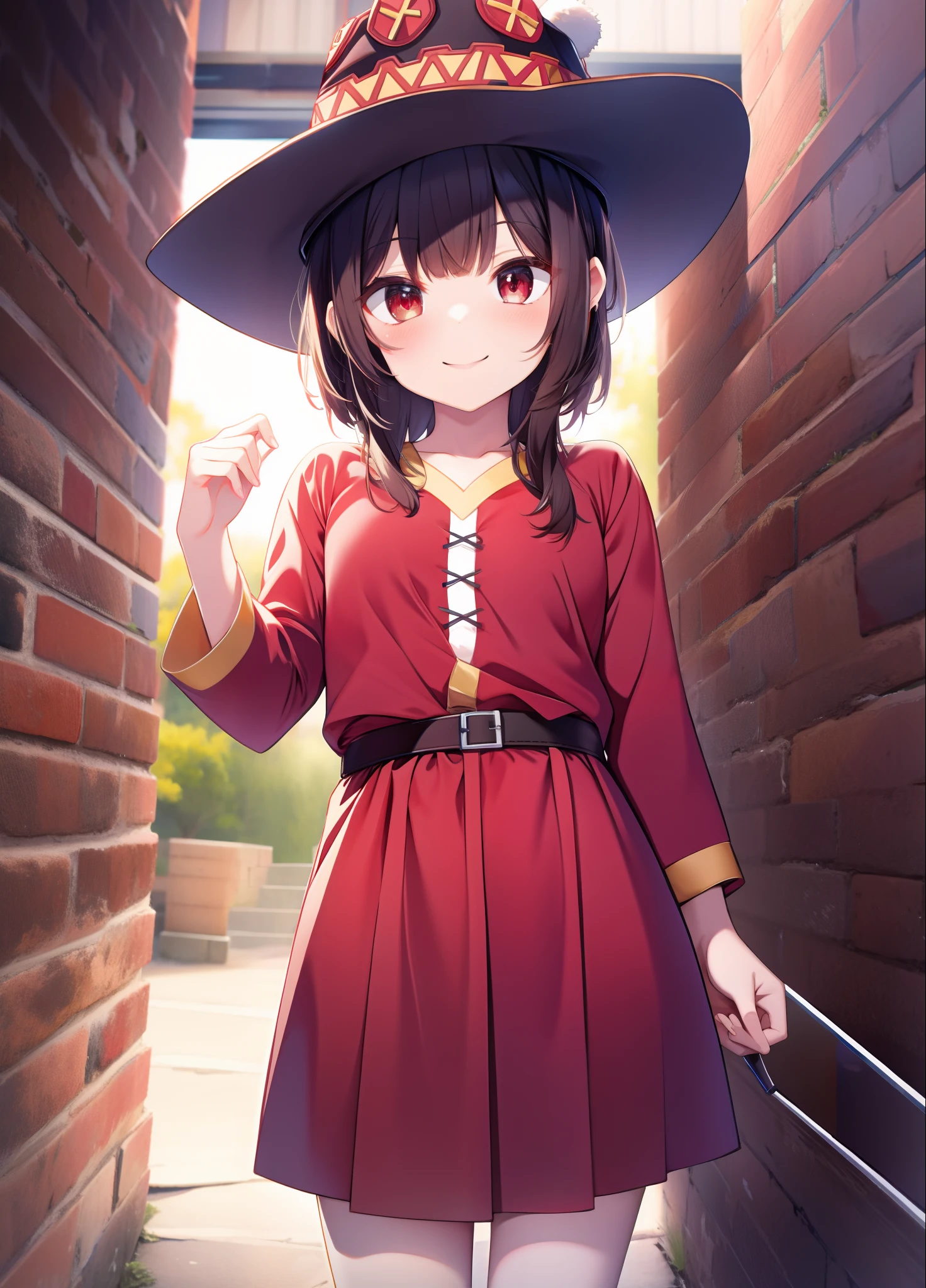 top-quality,Masterpiece,​masterpiece,8k,high-level image quality,High pixel count,1人の女性,1girl,独奏,without background,White background,Megumin,Red eyes,a smile,Medium hair,Red clothes,smil,Holding the hat with his right hand,is standing,cowboy  shot,facing front,face forwards,Depiction from the tip of the hat to the foot,