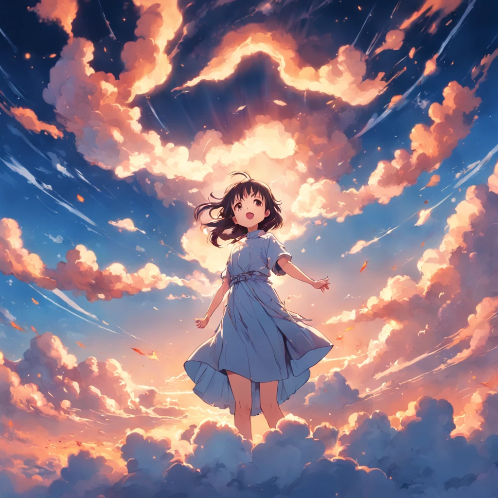 masterpiece, best quality, movie still, 1girl, cloud girl, floating in the sky, close-up, bright, happy, warm soft lighting, sunset, (sparks:0.7)