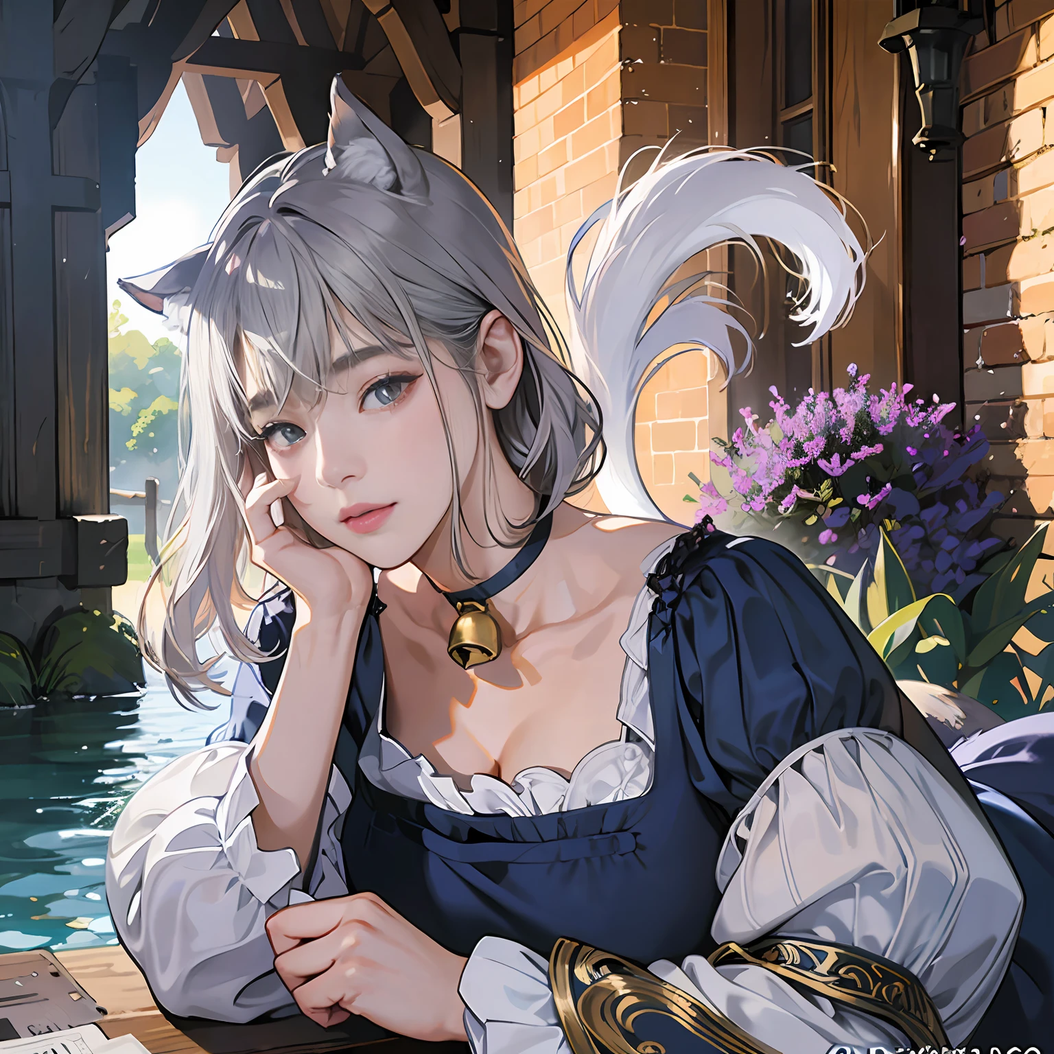 Women in Their 20s, offcial art, unity 8k wall paper, ultra-detailliert, beautifly、Aesthetic, ​masterpiece, top-quality, Photorealsitic、Big eyes、Cat-eared clan、Cat's ears、very thick tail:1.5、very thick and long tail、dark brown eyes、Silver-white hair、shorth hair、Short-cut hairstyles、Collar with bell:2.0、Blue Short Dress、depth of fields, Fantastic atmosphere, Calm palette, tranquil mood, Soft shading、cobblestone road、Stone signpost、Rivers and bridges、Beautiful Landscapes、bbw、very large breast、plump figure