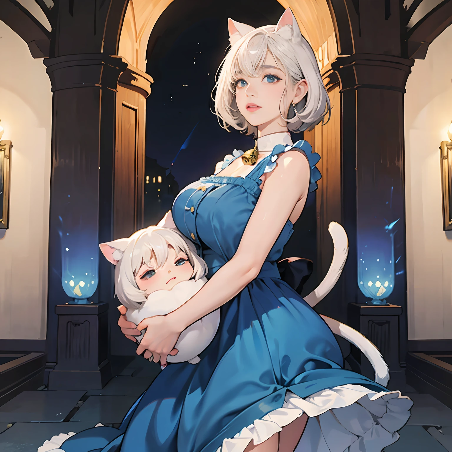 Women in Their 20s, offcial art, unity 8k wall paper, ultra-detailliert, beautifly、Aesthetic, masterpiece, top-quality, Photorealsitic、Big eyes、Cat-eared clan、Cat's ears、very thick tail:1.5、very thick and long tail、dark brown eyes、Silver-white hair、shorth hair、Short-cut hairstyles、Collar with bell:2.0、Blue Short Dress、depth of fields, Fantastic atmosphere, Calm palette, tranquil mood, Soft shading、cobblestone road、Stone signpost、Rivers and bridges、Beautiful Landscapes、bbw、very large breast、plump figure