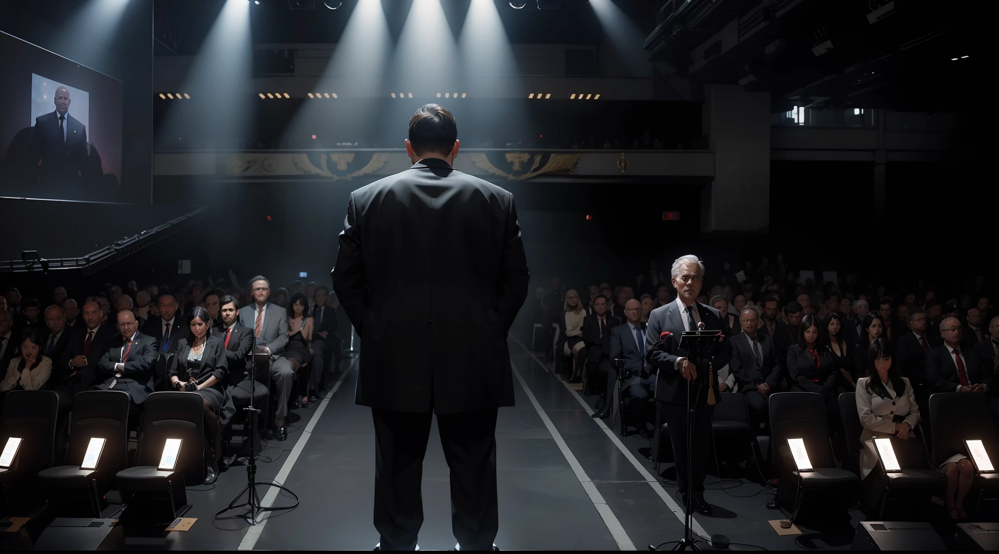 In front of a crowd on a large stage, A place where a world leader, ((A powerful figure is giving a press conference)). He is an imposing figure in front of cameras around the world, with piercing eyes and an enigmatic smile.. Her short hair is dark, and he is dressed in a black suit adorned with ancient symbols. from him radiates a hypnotic power that seems to emanate from the depths of the abyss.