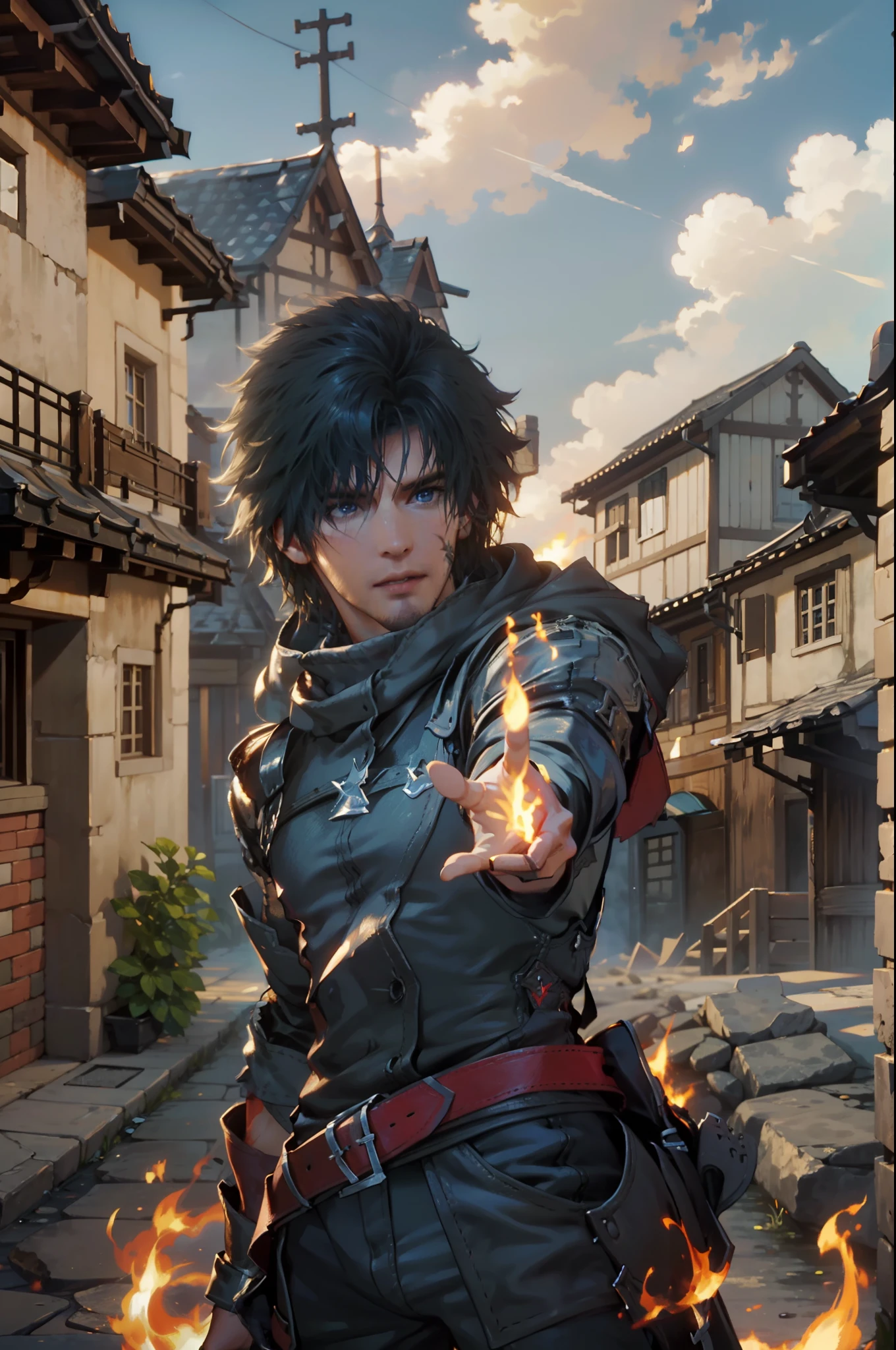 (absurdos, Altas Resoluciones, Ultra detallado, HDR), Obra maestra, La mejor calidad, final fantasy xvi, clive rosfield, 1hombre solamente, guapo, pelo corto, cabello negro, Ojos azules vibrantes, ojos finos y cara detalladas, Armadura, ((Arma intrincada)), pose de combate, sobre colina, llamas de fuego detras, sonrisa afectada, molesto.