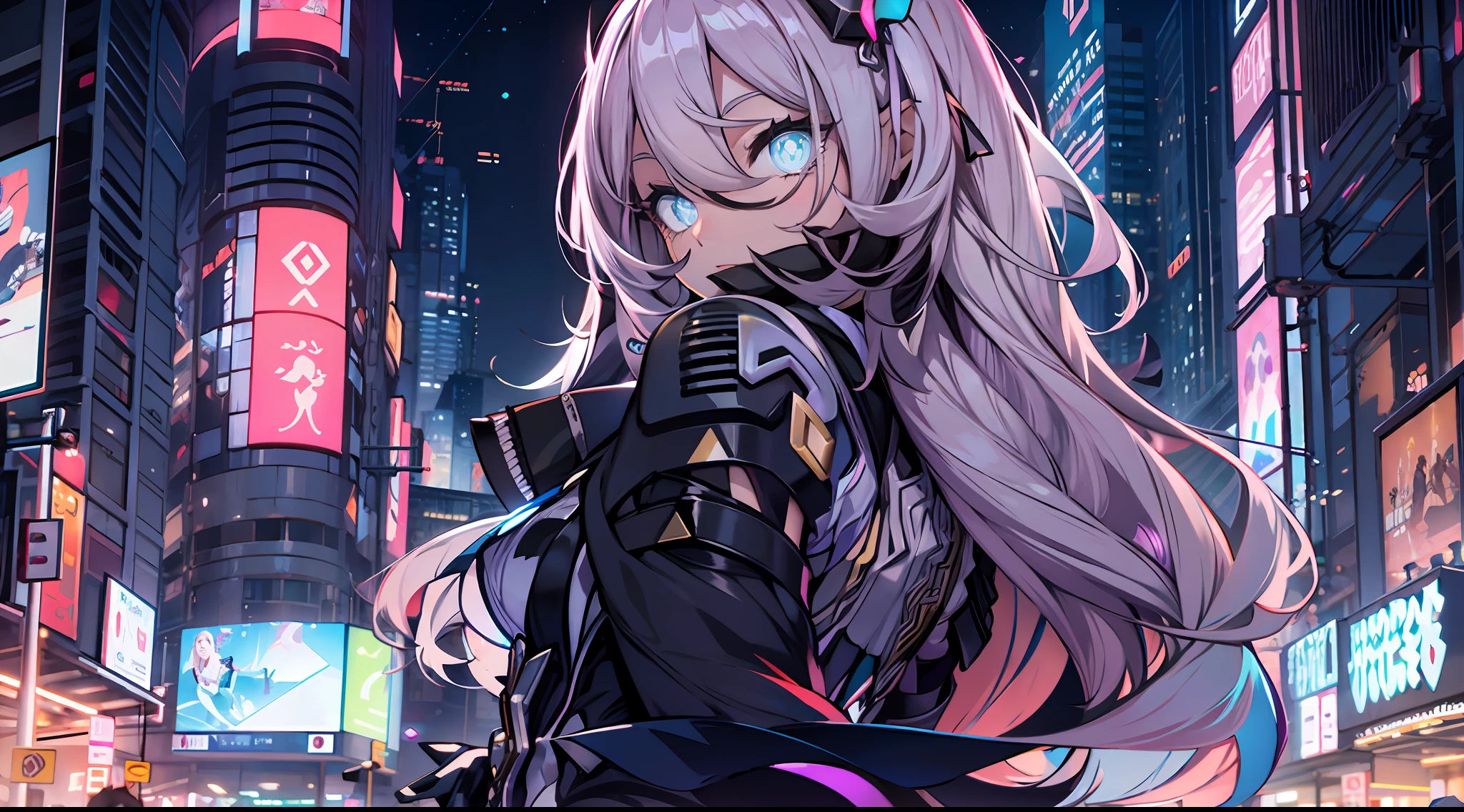 Noite, Fundo colorido da cidade cyberpunk, menina de rua, elysia,honkai impact, olhos azuis, olhos brilhantes, Meias pretas, retroiluminado, brilhar, Surveying the audience, Low angle lens, olhando para cima lente, perfect composition, delicadeza perfeita de luz e sombra, 8k