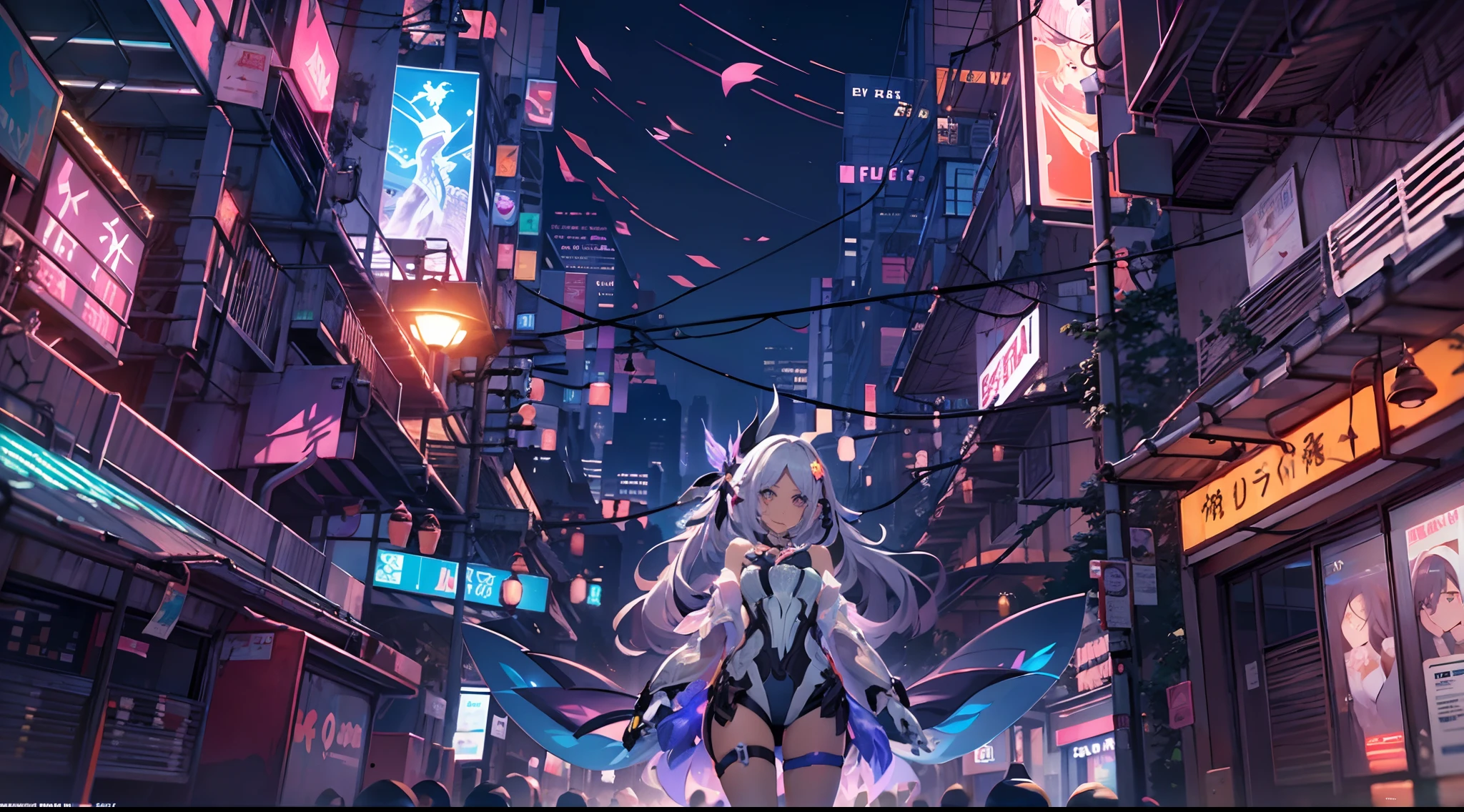 Noite, Fundo colorido da cidade cyberpunk, ****** de rua, elysia,honkai impact, olhos azuis, olhos brilhantes, Meias pretas, retroiluminado, brilhar, Surveying the audience, Low angle lens, olhando para cima lente, perfect composition, delicadeza perfeita de luz e sombra, 8k