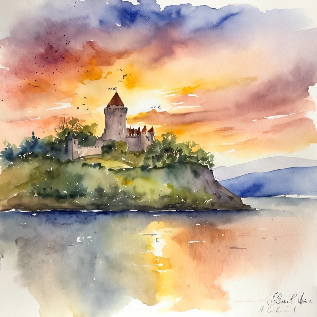 A watercolor masterpiece portraying the sun rising over an Irish castle, with the sky painted in soft pastels, casting a serene glow on the surroundings.
Descriptive keywords: Castle sunrise, Pastel sky, Watercolor strokes, Morning radiance, Historic charm.
Camera type: Watercolor canvas.
Time of the day: Dawn.
Style of artwork: Nostalgic and picturesque.
By artist: CastleDawn -ar 1:1