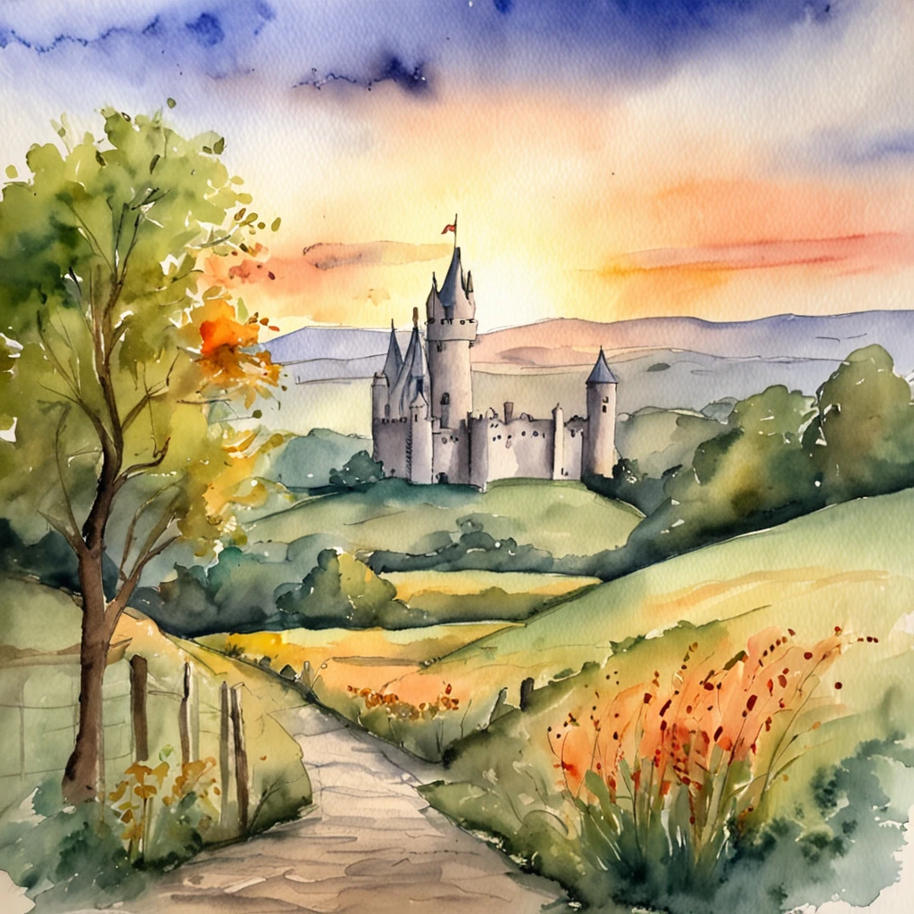A watercolor masterpiece portraying the sun rising over an Irish castle, with the sky painted in soft pastels, casting a serene glow on the surroundings.
Descriptive keywords: Castle sunrise, Pastel sky, Watercolor strokes, Morning radiance, Historic charm.
Camera type: Watercolor canvas.
Time of the day: Dawn.
Style of artwork: Nostalgic and picturesque.
By artist: CastleDawn -ar 1:1