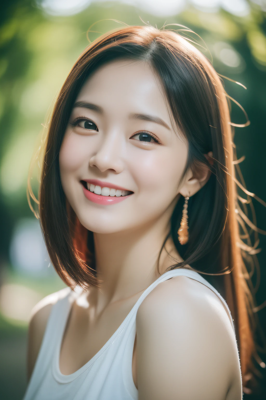 8K,top-quality、Photoreal Stik、1womanl, Face Focus, Adults, Cute and sexy face, a smile, A detailed face, Park background, 细致背景, diffuse sunlight, depth of fields, bokeh dof