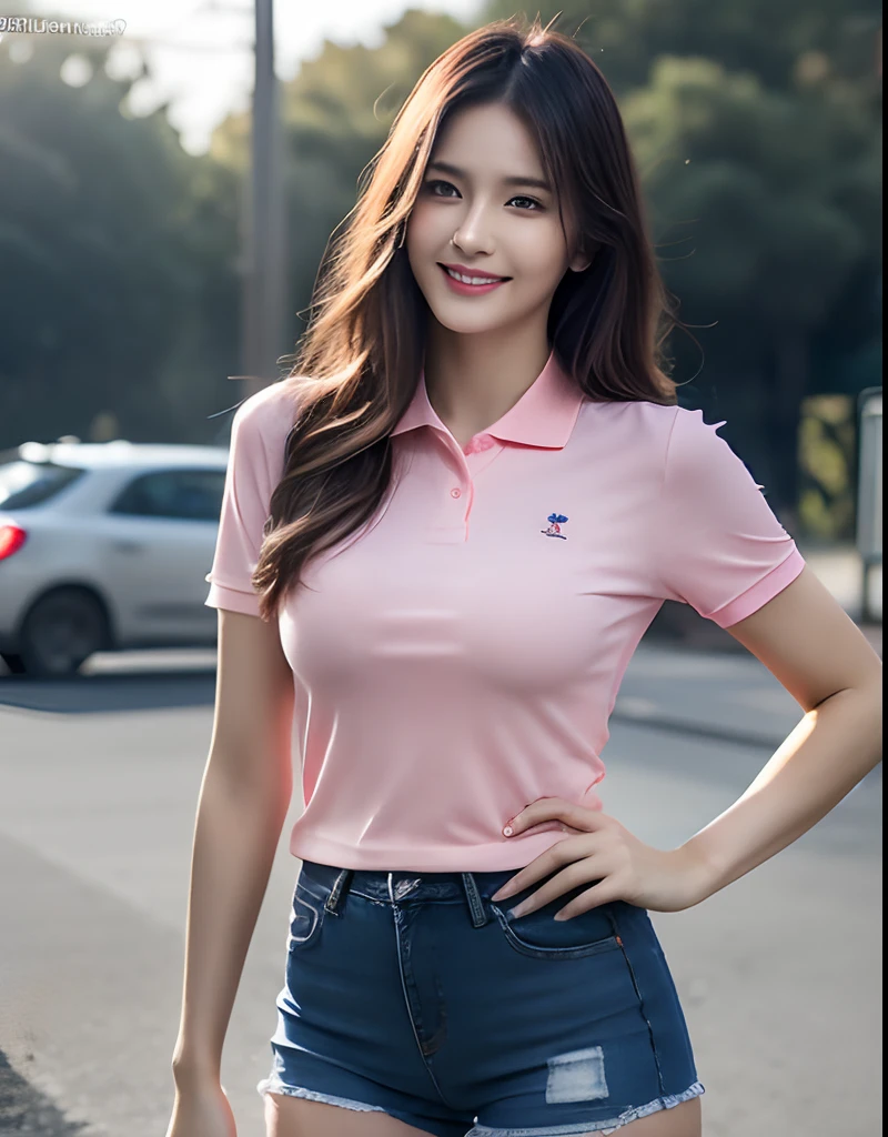 1girl, (best quality, masterpiece, ultra high resolution),(photorealistic:1.3), (realistic:1.3),(long legs:1.3), (closed mouth), (light smile:1.2), (expressive hair:1.2), (pink polo shirt:1.2), (railroad crossing:1.2), (trees), (upper body:1.2), (denim shorts:1.2), (black pantyhose:1.2),(day:1.3), (bright lights:1.3), outdoors, busty, dynamic pose, vivacious and seductive, (hand on hip),(standing), (slender), (slender legs), (busty:1.2), (facing to the side), shiny skin, nose blush,