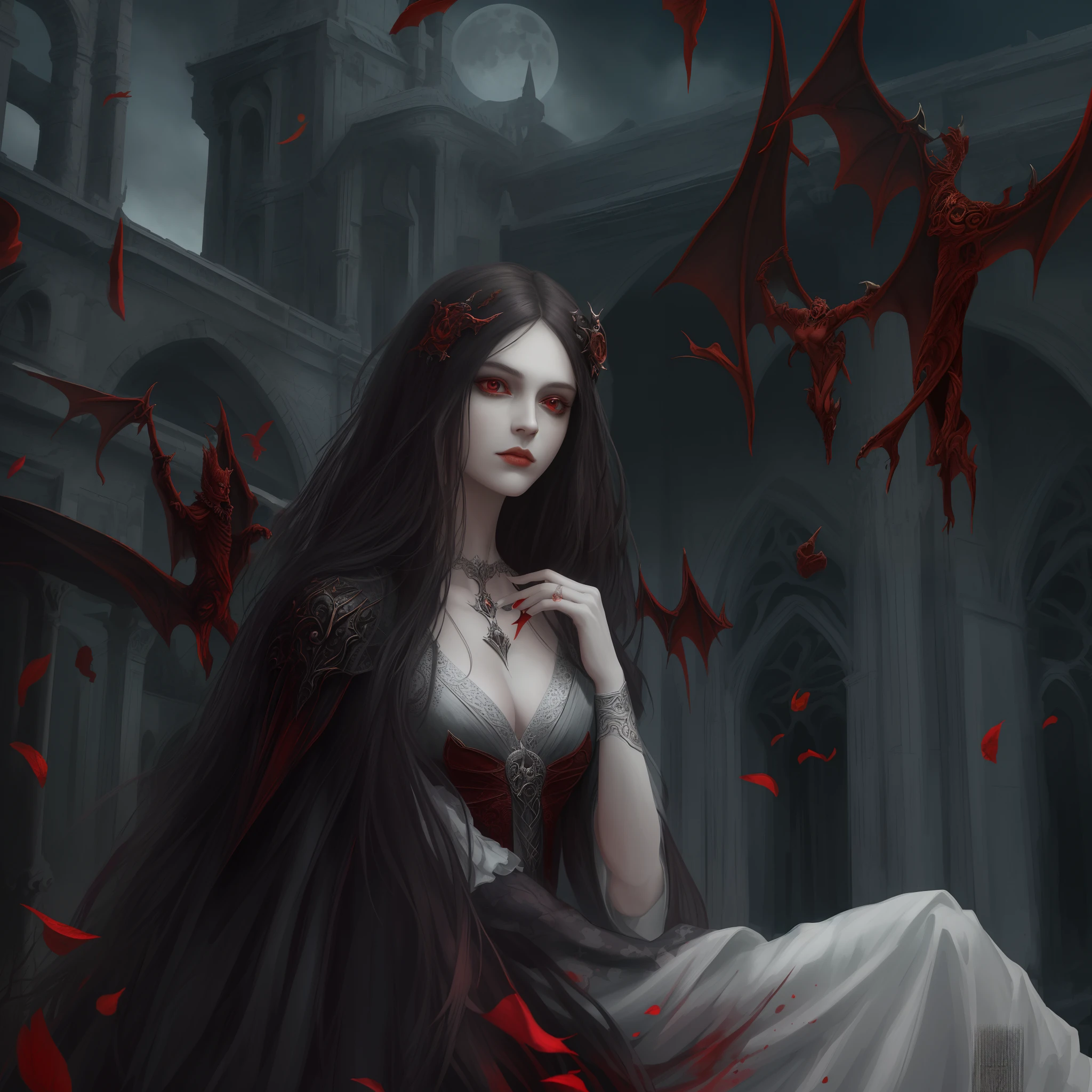 arafed, dark fantasy art, gothic art, (masterpiece:1.5), full body best details, highly detailed, best quality, highres, full body portrait of a vampire, elf (Masterpiece, best quality: 1.6), ultra feminine (intricate details, Masterpiece, best quality: 1.4) with a long curvy hair, dacolor 6hair, red eyes (fantasy art, Masterpiece, best quality), ((beautiful delicate face)), Ultra Detailed Face (1.4 intricate details, fantasy art, Masterpiece, best quality), [visible vampiric fangs] (1.6 intricate details, fantasy art, Masterpiece, best quality), [anatomically correct] red cloak, flowing cloak (intricate details, fantasy art, Masterpiece, best quality: 1.4), wearing an intricate leather [white] dress (1.4 intricate details, gothic art, Masterpiece, best quality), high heeled boots, blood dripping on lips, urban background (intense details, beat details), fantasy, at night light, natural ,moon light, soft moon light, moon rays, clouds, gothic atmosphere, gothic street background, bats flying in background, soft light, dynamic light, fantasy_night [[anatomically correct]], high details, best quality, 8k, [ultra detailed], masterpiece, best quality, (extremely detailed), dynamic angle, ultra wide shot, RAW, photorealistic