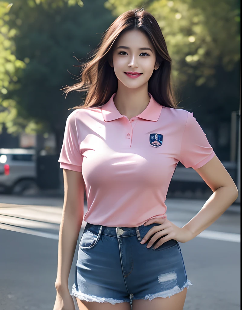 1girl, (best quality, masterpiece, ultra high resolution),(photorealistic:1.3), (realistic:1.3),(long legs:1.3), (closed mouth), (light smile:1.2), (expressive hair:1.2), (pink polo shirt:1.2), (railroad crossing:1.2), (trees), (upper body:1.2), (denim shorts:1.2), (black pantyhose:1.2),(day:1.3), (bright lights:1.3), outdoors, busty, dynamic pose, vivacious and seductive, (hand on hip),(standing), (slender), (slender legs), (busty:1.2), (facing to the side), shiny skin, nose blush,