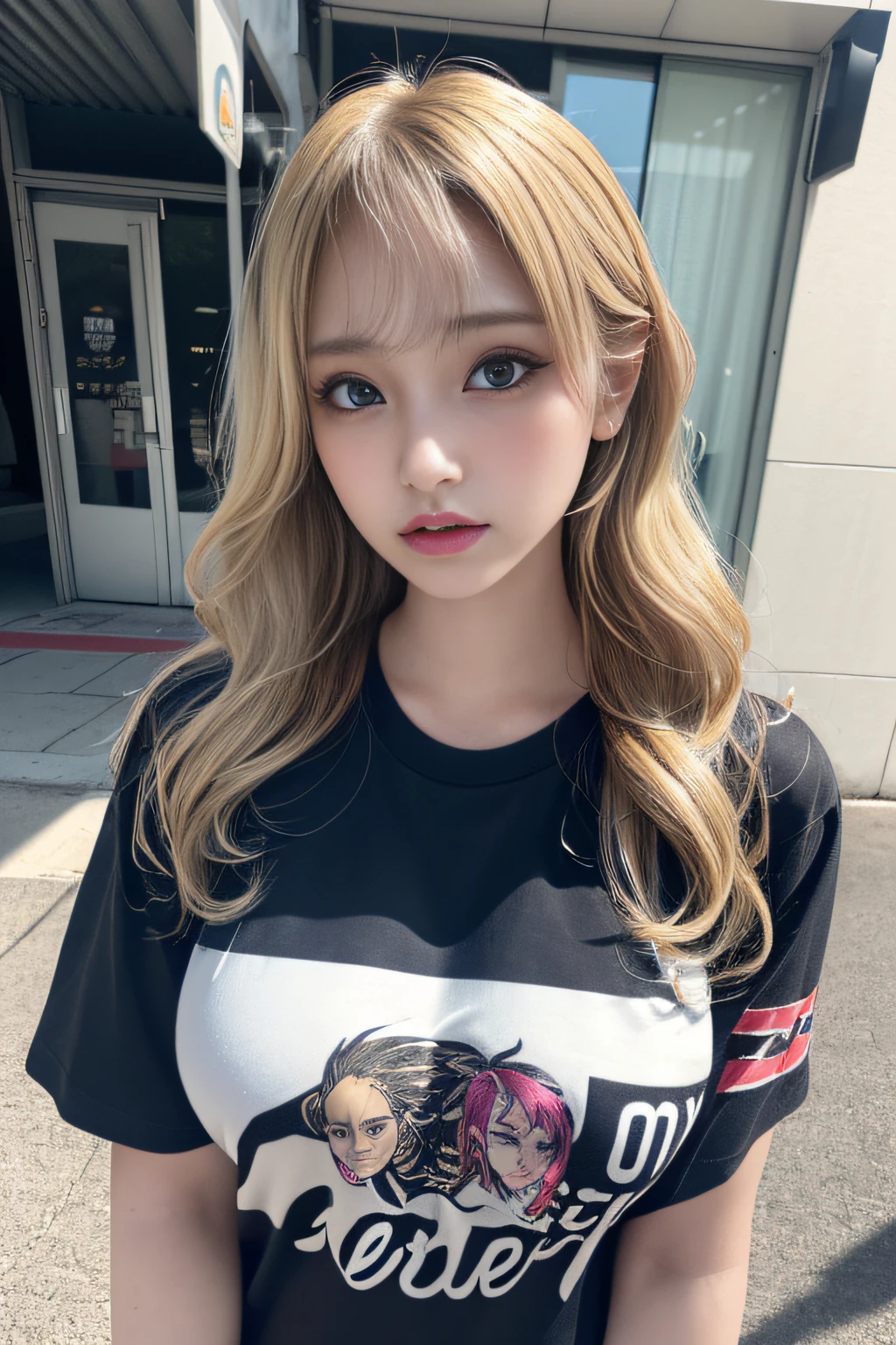 (1girl),large breasts, breasts, tan, dewy skin, sweaty skin, wavy blonde hair, punk tshirt, punk girl