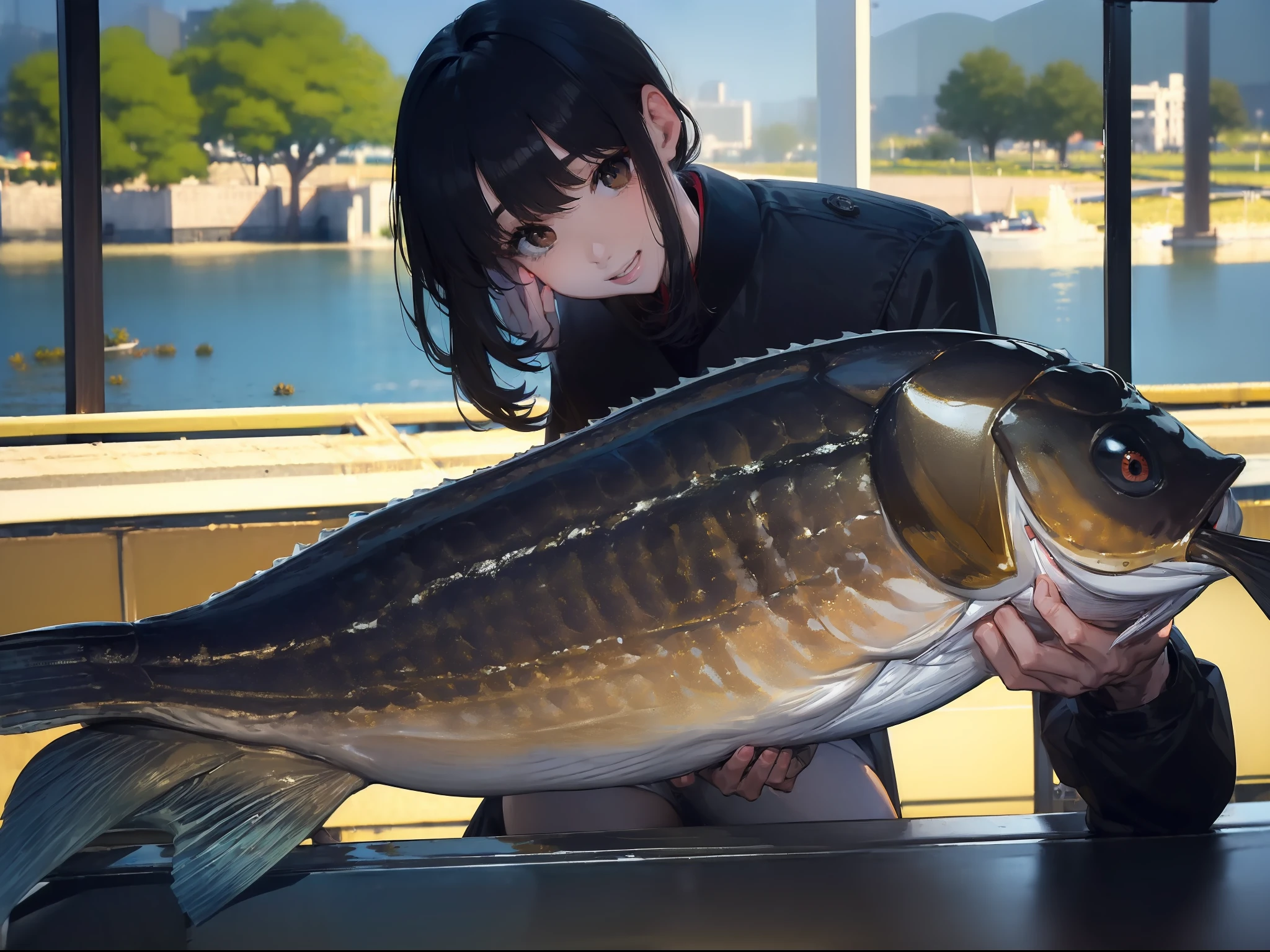 ((((Catch a big black bass by the lake:1.5)))),((1 female 22 years old)),((Best Quality, masterpiece :1.5)),(((Hands with the correct number and structure of fingers:1.5))),hight resolution,ultra-detailliert,masterpiece,best qualtiy,Black hair, long eyeslashes, Solid Circle Eyes, Smiling Woman, drop shadow, Atmospheric perspective,Super Detail, ccurate, small brest,(Black jacket :1.1),top-quality, blurry backround, bokeh dof:1.2, (masterpiece:1.3), Atmospheric perspective,Super Detail,Fish with the correct structure,dynamic compositions