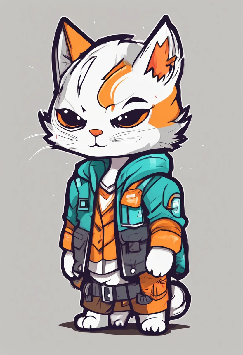 Crie um logotipo encorpado, Homem meio gato em forma de Chibi com neutro, High-resolution colors, com fundo de imagem branca