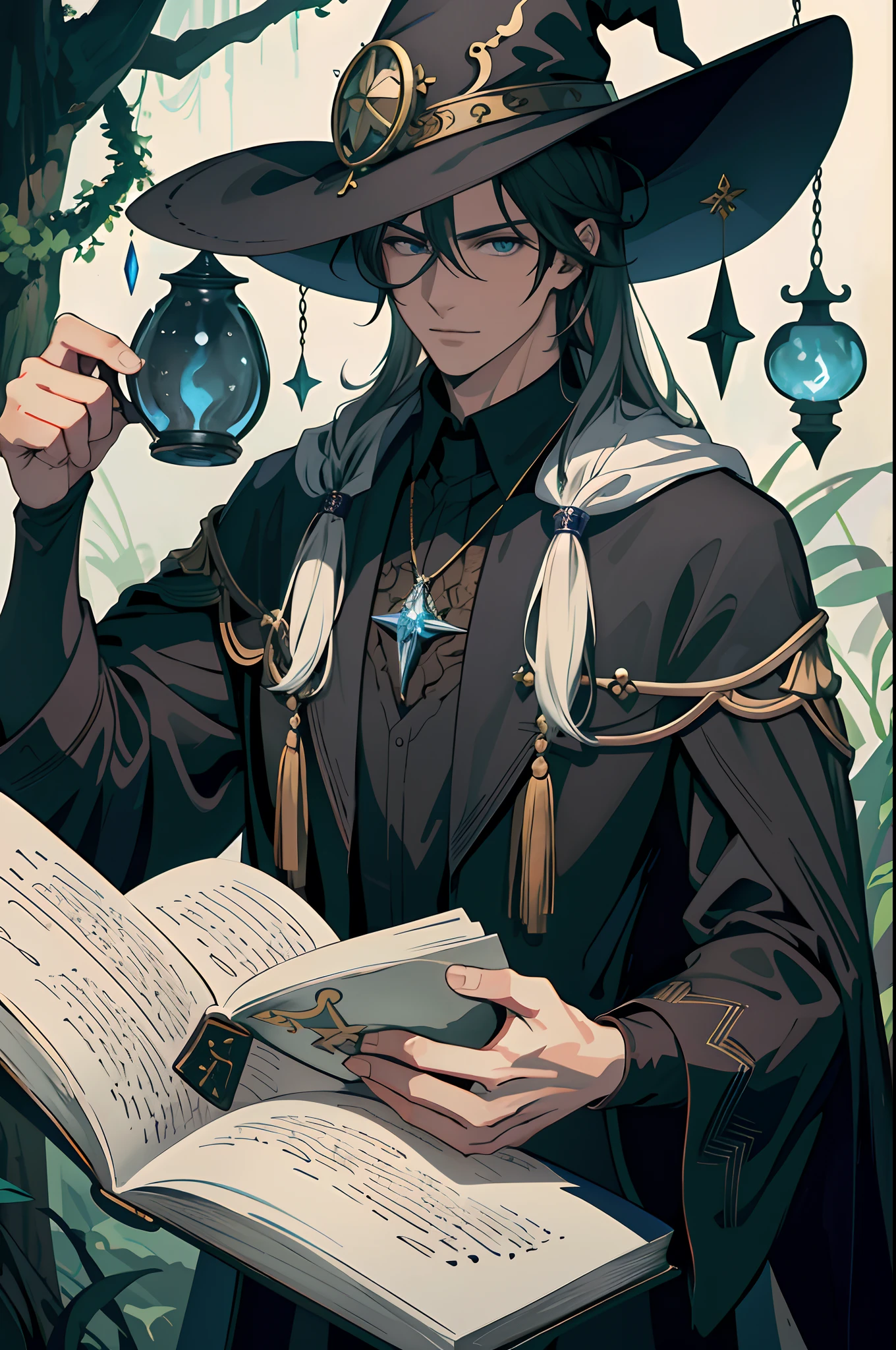 masterpiece, best quality, 1 male, adult, tall muscular, handsome, finely detailed eyes, intricate details, wizard, black hat with a pointed brim, broomstick with a carved handle, spellbook with a variety of spells, potion bottles with various ingredients, enchanted forest with a hidden wizard hut