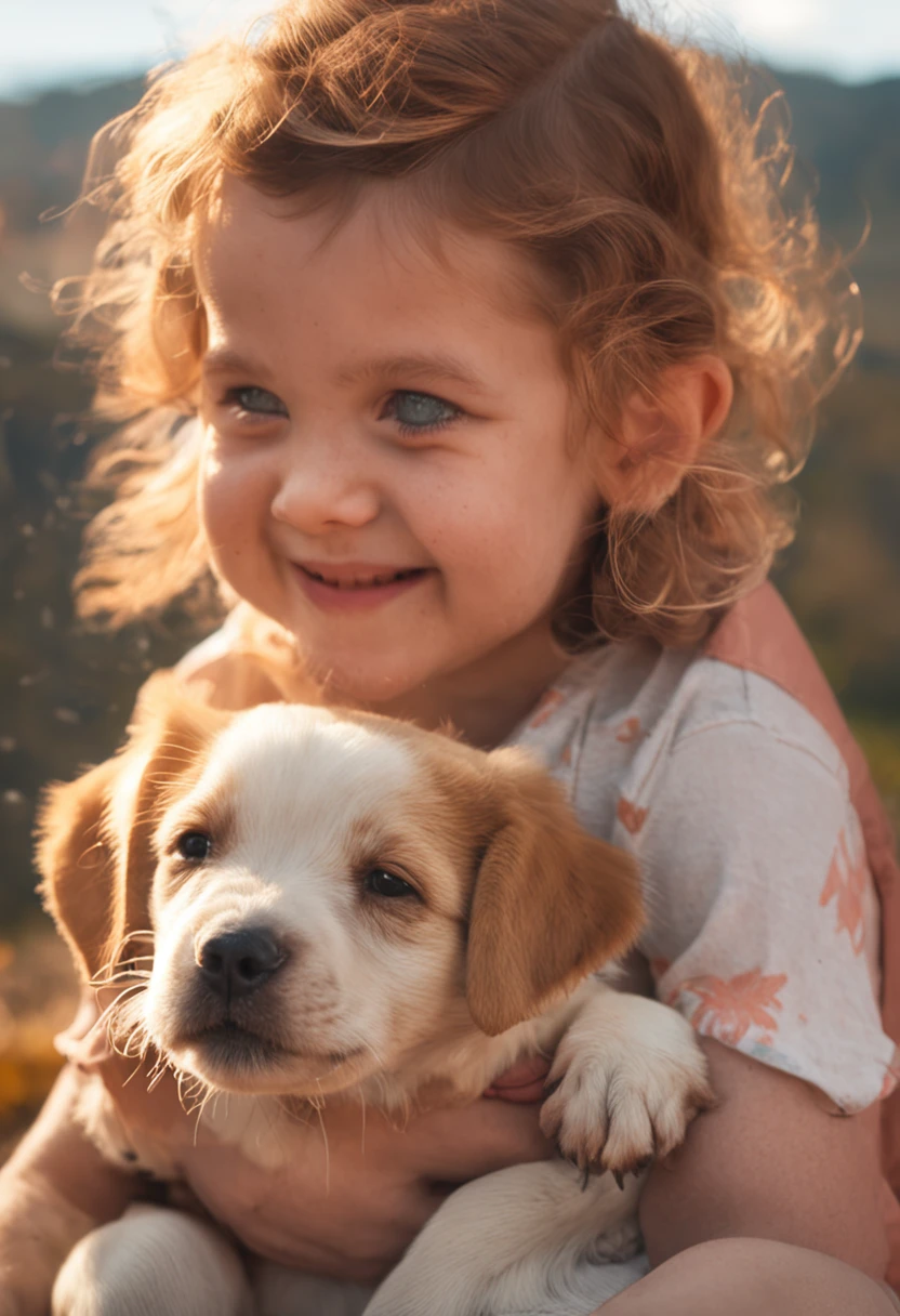 chiquita,o cachorrinho,Fresh and lovely,a warm color palette,Warm scene,smiling girl,Friendly puppy,Natural light,soft shade