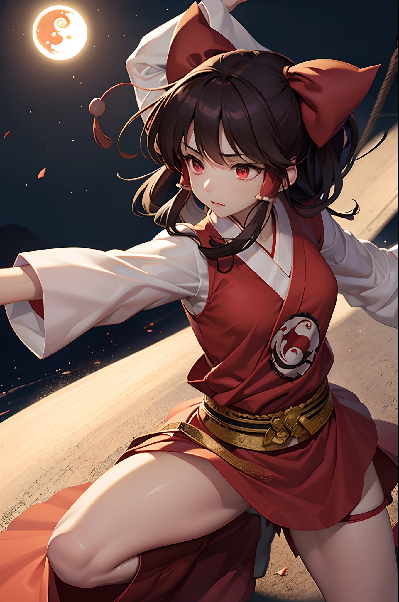 Reimu Hakurei, Touhou, Martial arts outfit, wuxia, fighting stance, chi, ying yang motive, Chinese fantasy, long sleeve, 1girl