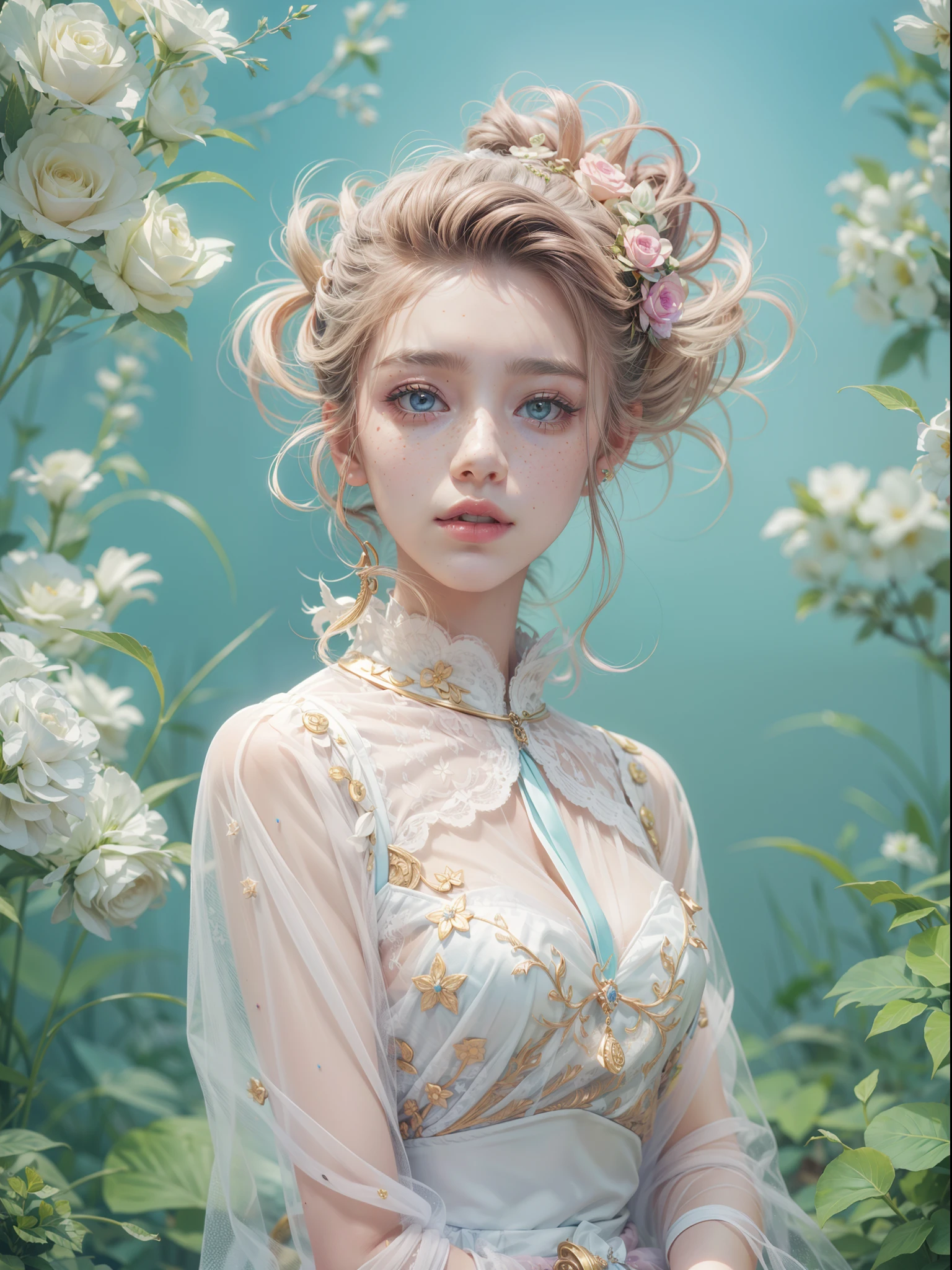 beautiful  Girl(Solo)、Photo、Fantastical、(Loretta Luxe:1.3)、PastelColors:0.6、hitornfreckles、surrealism:1.1、highcontrast、ultra-detailliert、8K、Surreal hairstyle(Single color)、