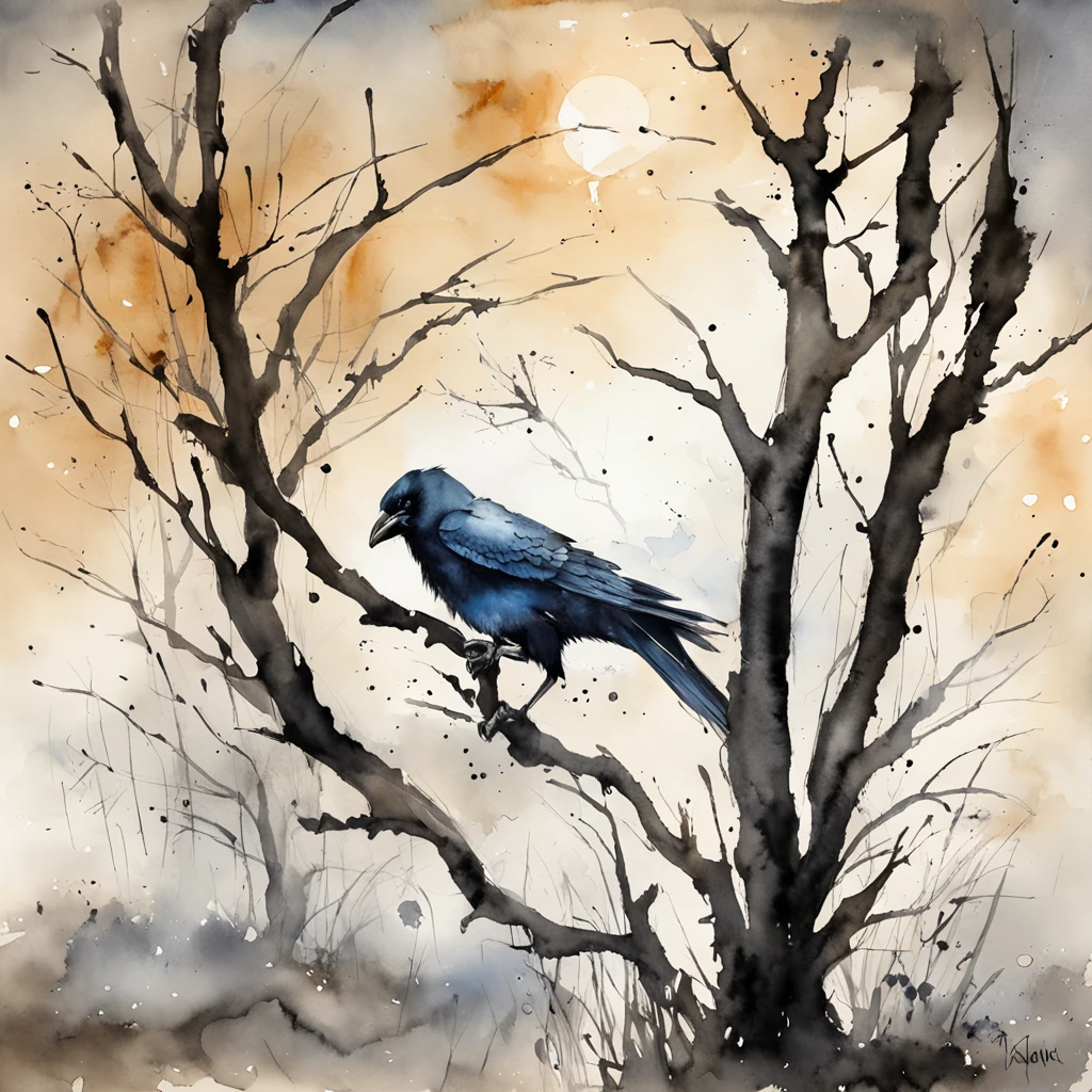 Two crows in a dead tree, Una sombra con forma de caminante, Noche estrellada, Niebla espesa en el suelo, Luz azul en el horizonte, Motor Unreal 5, Kinematic, low angle photography, Desenfoque de movimiento, Profundidad de campo, polvo, Adoquines y suciedad. Arte de salpicaduras, goteo de pintura. Perfect color gradation. Influenciado por Karel Appel y Jeremy Mann, Full of dramatic and menacing scenes, hiperdetallado, Beautiful, incredible details, Detalles intrincados, editorial photograph, Disparado con un objetivo de 50 mm, Profundidad de campo, Tilt Blur, shutter speed 1/1000, f/22. Mapas de luz, super brillante