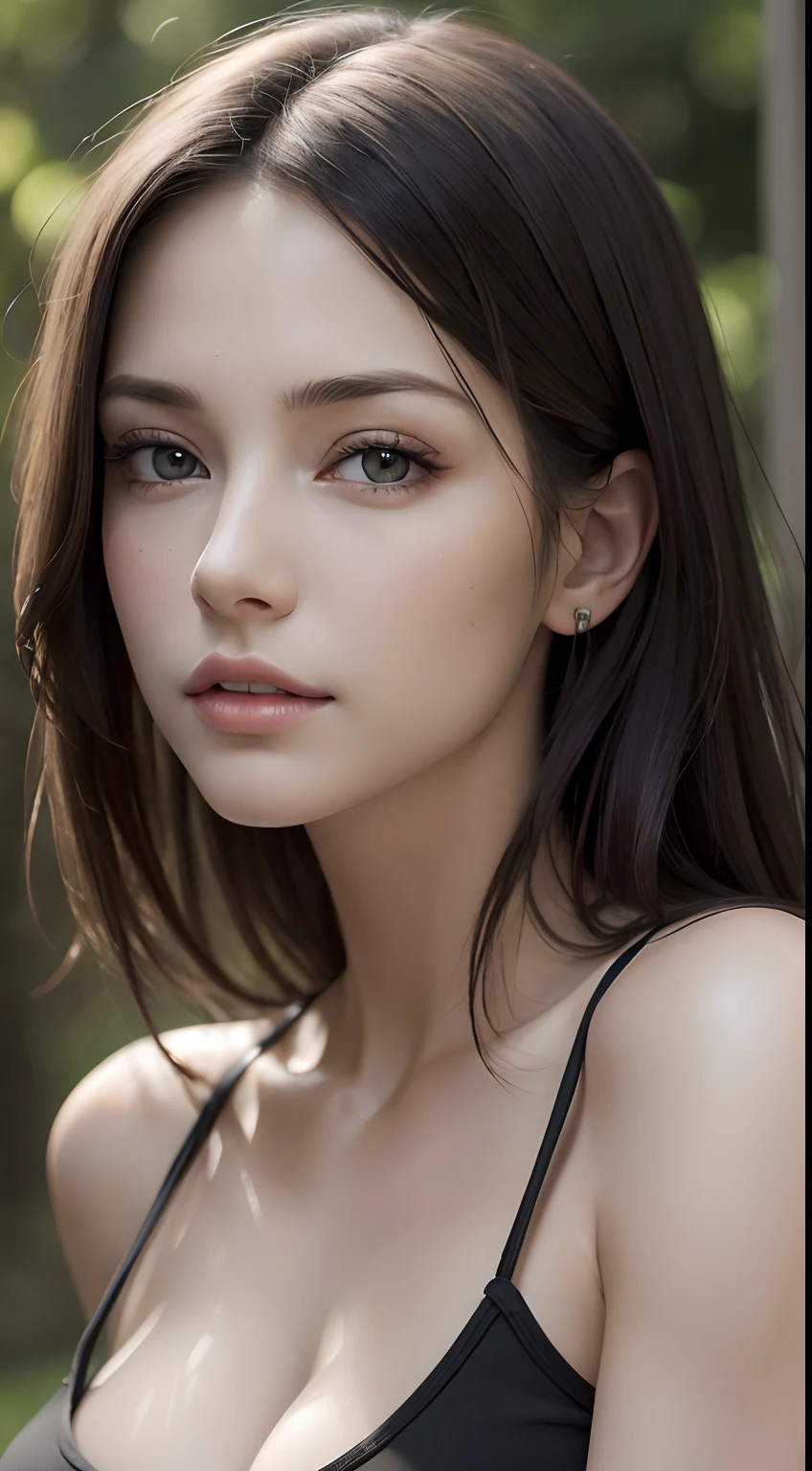 (masutepiece, Best Quality, Photorealistic, hight resolution, Photography, :1.3), Very close-up shot, Sharp Focus, 1 brunette girl, European Girl, hotmodel, Highly detailed eyes and pupils, Realistic skin, Slim body shape, cleavage, very detail hair, Delicate sexy face, Organoleptic gas, shiny lips, ((wearing black tanktop)), plein air, ((Realistic, Super realistic, Realism, realistic detail))