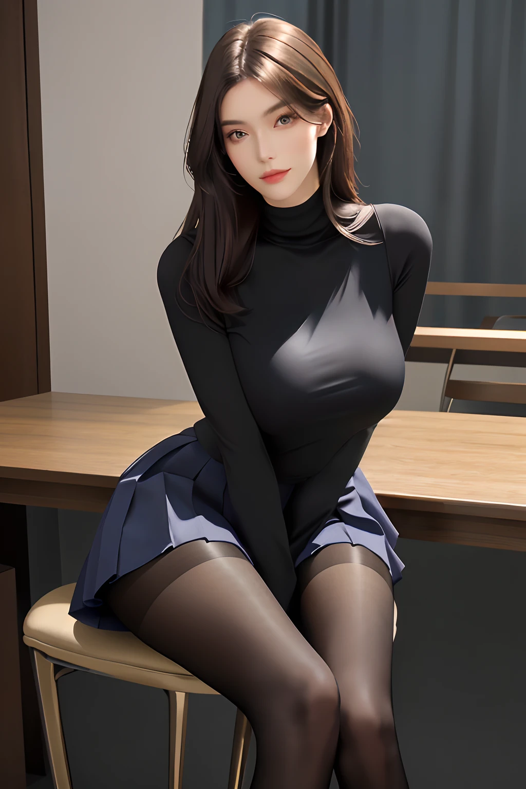 There was a woman sitting in a chair in the room,Pantyhose tights,Nylon tights,Good hips and long legs,Nice face,Perfect face shape, Perfect Body, Oversize models, Mature Woman, (((Tall and long legs))), Very large breasts,,arm and leg,Thighs and skirts,Very nice slender legs,long leg,Very nice slim legs,slender legs,Beautiful legs,Beautiful slim legs,Huge legs towering over you,Wear tight, simple clothes, masterpiece:1.2, best quality)Bestquality,a masterpiece, ultrahighres, lifelike, Super realistic detail, Clear Focus, (Real picture, fine Crafted, Depth-Of-Field), solo, beautifulgirl, masterpiece:1.2, best quality), (Close-up of the, Real picture, fine Crafted, Depth-Of-Field), solo, beautifulgirl, 20years old, Sexy theme,High Detailed,16k , s whole body,