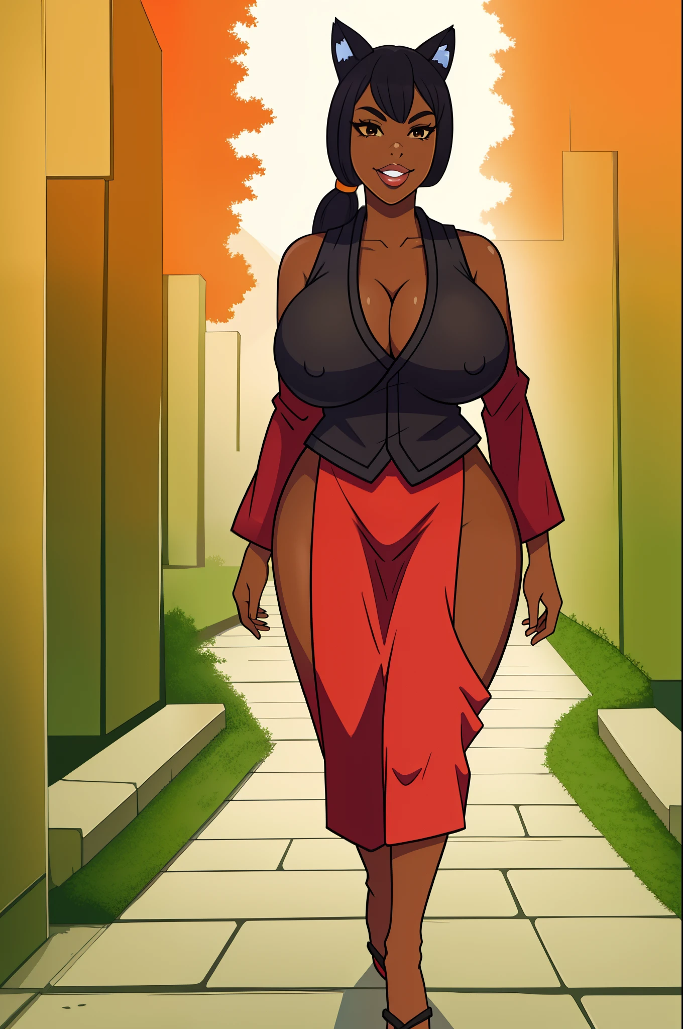 1Girl,Foxxy Love in a long robe, Fox tail, dark skin, black hair,big lips,Foxxy Love, huge breast, walking, , vest, pullover, long skirt ,long robe,short yukata furisode bath yukata ,smile, forest