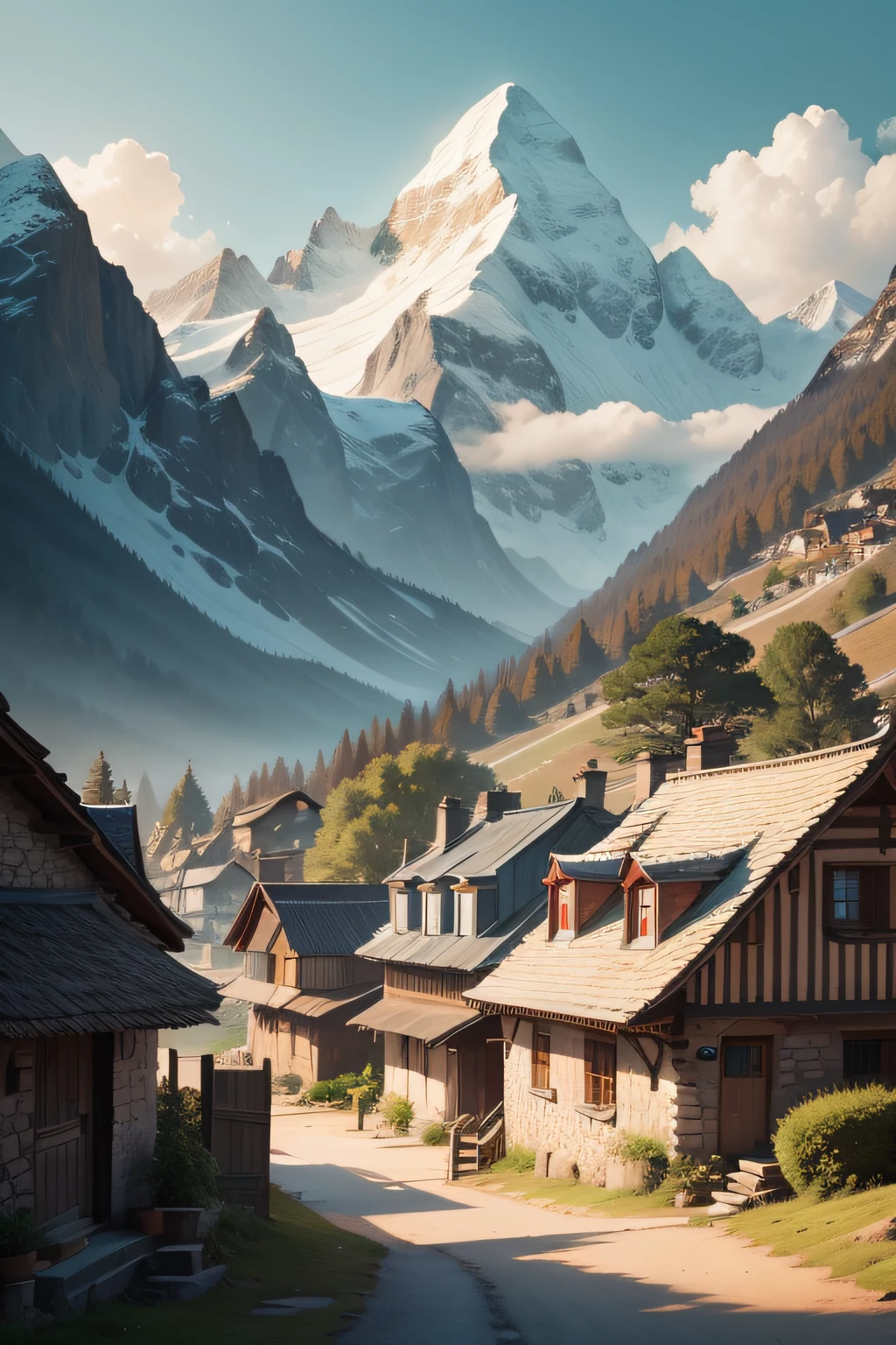 A quiet village situated at the foot of a majestic mountain