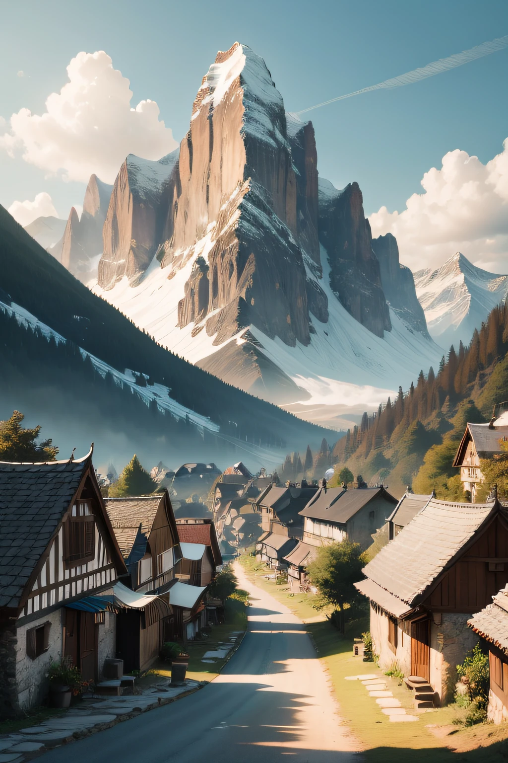 A quiet village situated at the foot of a majestic mountain