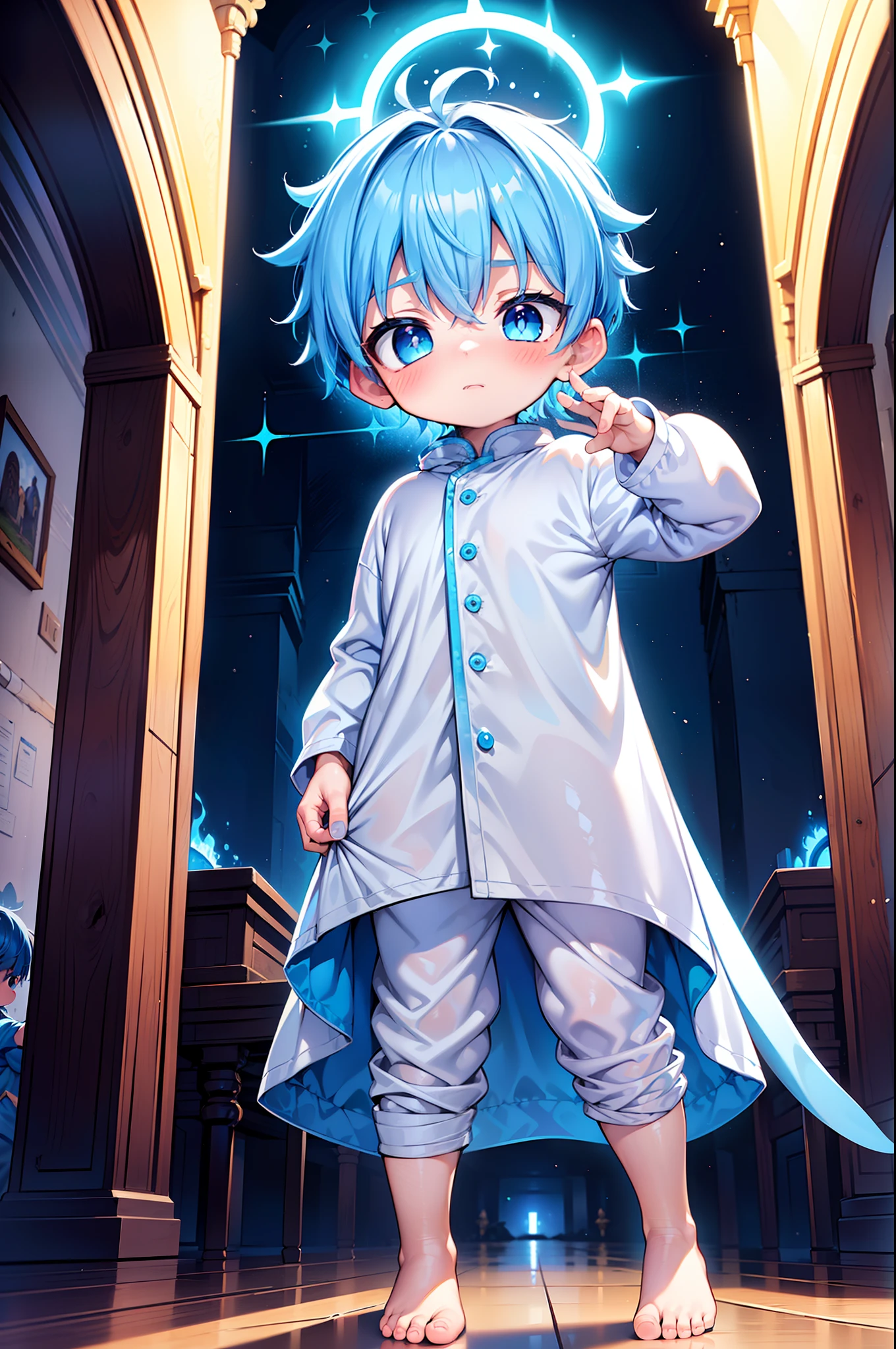 4k, (Masterpiece:1), Little boy with blue colored hair and shiny, glowing cyan eyes and barefoot, standing on field, epic, cinematic, young, boy, child, small, toddler, tiny feet, focus on feet, feet, blushing, (Young:1.4), (Child:1.4), (Shota:1.4), (male:1.4), (boy:1.4), (divine clothes:1.4), (epic:1.4), (posing:1.4), (cinematic:1.4),