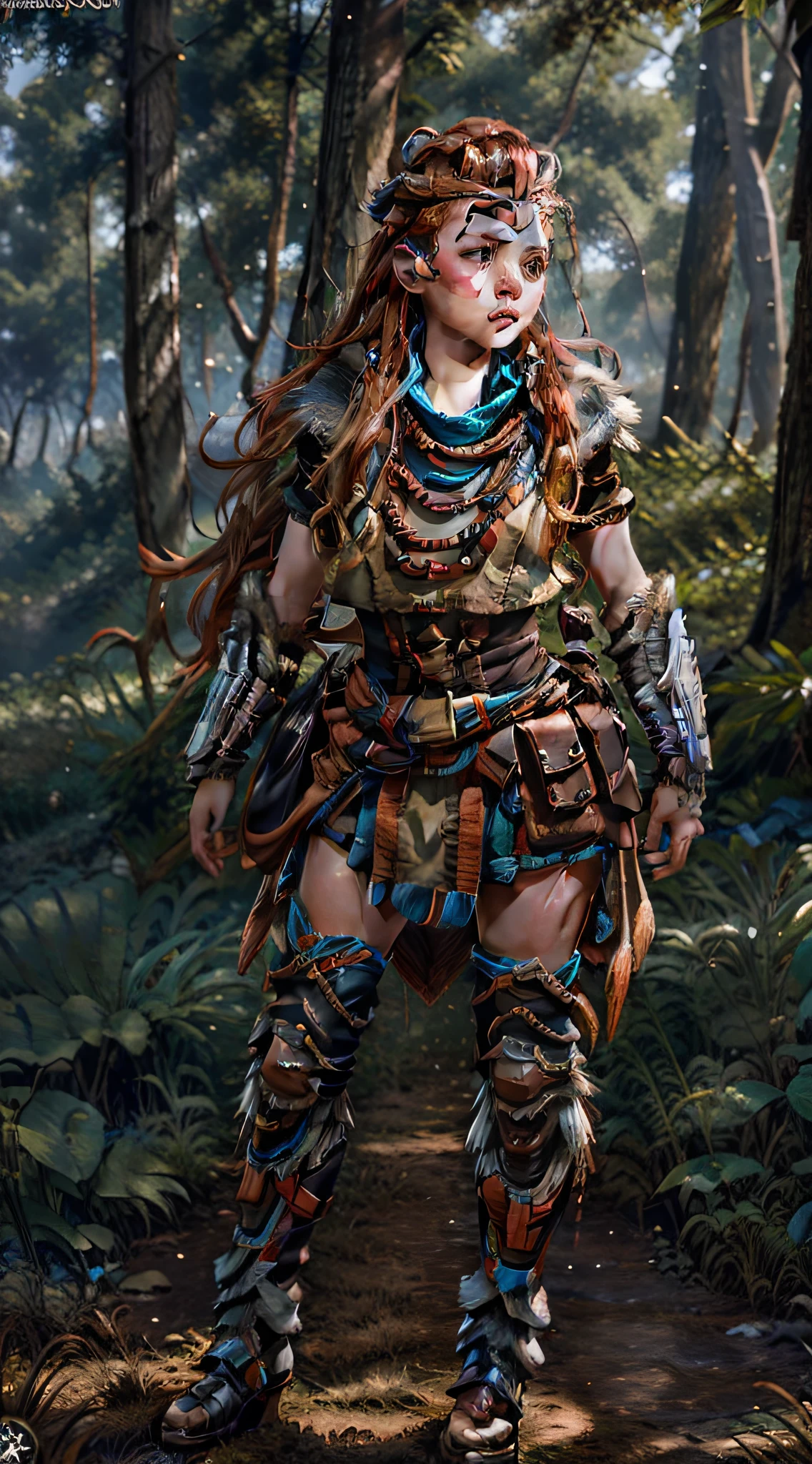 aloy, ultra realistic, looking at the spectator, ((super detailed face)), no hat, ((full body)), orange armor, in woods.