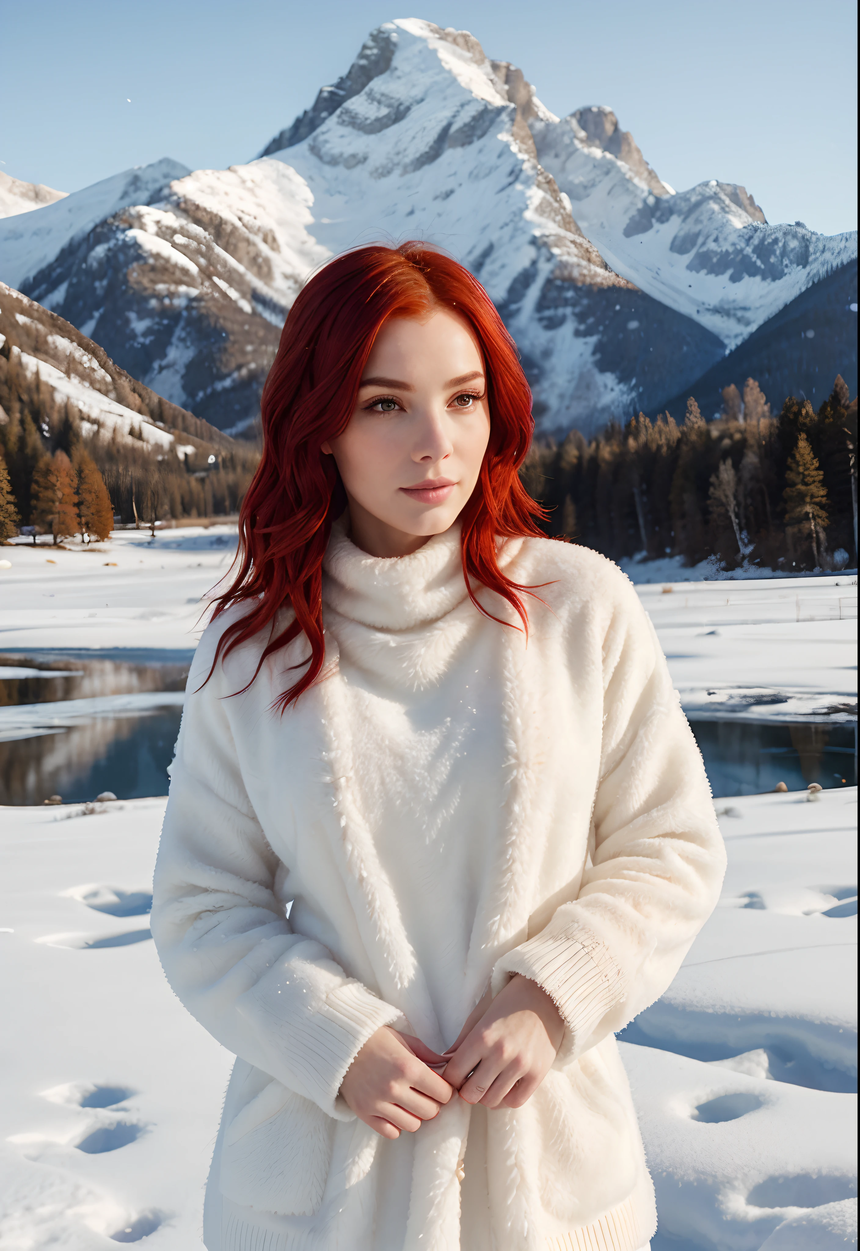 1 woman, ((intense and detailed skin)), ((vibrant red hair)), stunning portrait, best quality, high quality, realistic, masterpiece, majestic snowy mountains, snow-covered peaks, crisp white landscape, winter wonderland, frozen beauty, icy surroundings, serene atmosphere, natural lighting, clear blue sky, atmospheric perspective, detailed clothing, warm attire, cozy outfit, elegant presence, confident expression, tranquil scene, captivating beauty, breathtaking view, vibrant colors, artistically rendered, cinematic style, meticulous attention to detail.