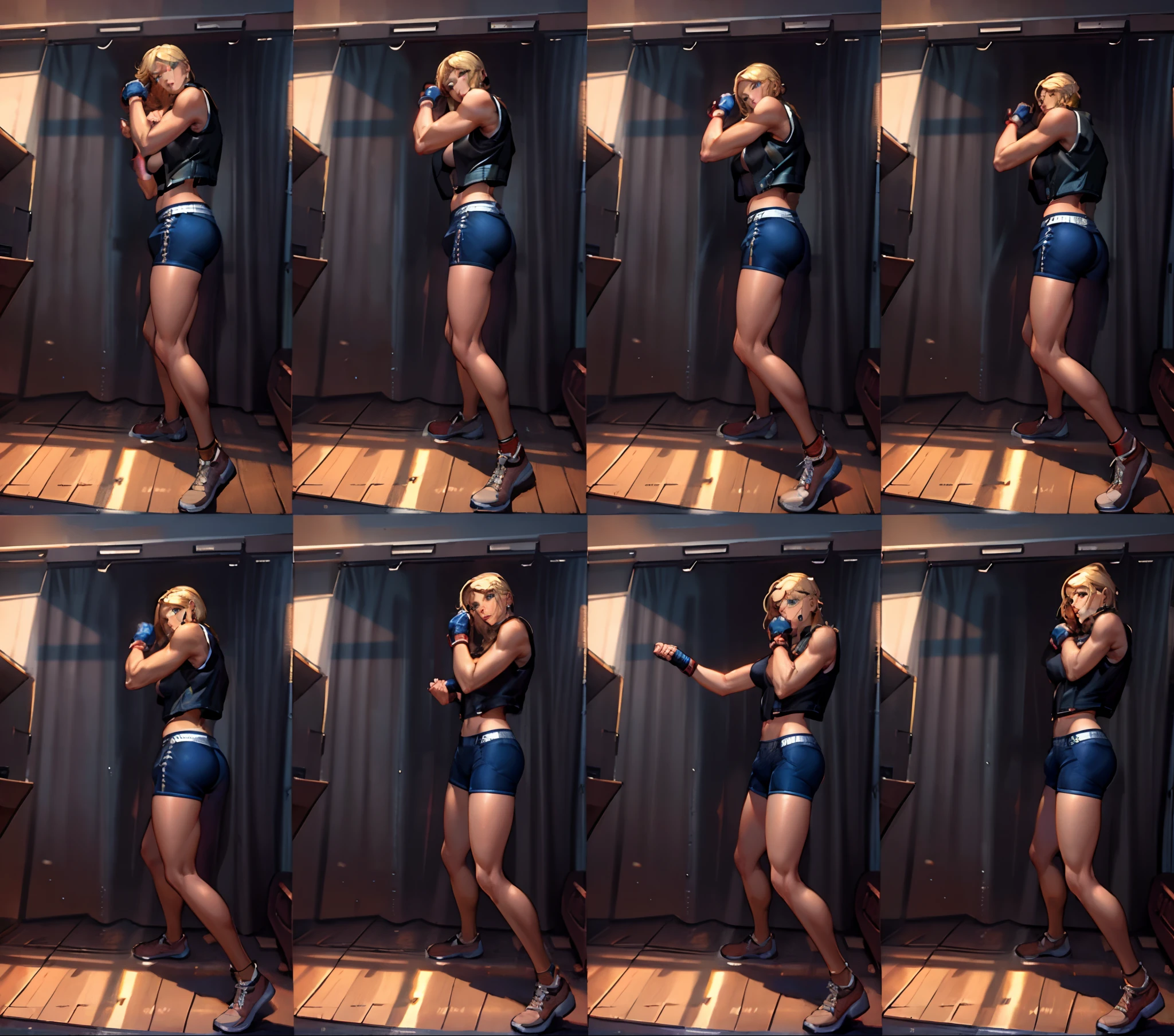 a set of nine different poses of a hot woman, unparalleled masterpiece, ultra realistic 8k CG, perfect artwork, (1girl:1.1) , solo, ((perfect female figure)), (nsfw), looking at viewer, mature female, (teasing), best quality:1.1 , seductive posture, sexy pose, alluring, (beautiful), (curvy), (thick), blonde hair, (yellow eyes:1.2), short hair, earrings, jewelry, denim vest, open vest, black pantyhose, black shirt, denim shorts, striped long sleeves, toned legs, fit, (abs:1.1), (big butt:1.4), peach ass, (athletic body:1.2), (small breasts:1.3, (medium_breasts:1.1), wide_hips:1.5, narrow waist, small waist:1.5, slender body:1.2, thick thighs:1.3), (shiny skin:1.2), (hdr), (street:1.2), Nikon D850 film stock photograph Kodak Portra 400 camera f1.6 lens, rich colors, lifelike texture, dramatic lighting, unreal engine, trending on ArtStation, by Gerald Brom, by Frank Frazetta, by Luis Royo, by Julie Bell, by Boris Vallejo, working out, black underwear, sexy, erotic, a set of nine different poses of a woman in a black outfit, set of high quality hd sprites, spritesheet, intricate, sprite sheet, blond character, fullbody pose, style mix of æon flux, erotic , vfx spritesheet!!!!! arafed woman in a black bikini doing a squat, working out, in a gym, android 18 at the gym, sweaty, gym, sweat, sport bra and shorts, musclar girl , sweaty 4 k, workout, bum, shoulders can be seen, flexing, sweating hard, tomboy, short hair blond girl, arafed image of a woman doing a barbell squat, working out, shoulders up, nicole aniston, nina agdal, gif, thrusters, workout, montage, seamless, toned, in a gym, alana fletcher, upper body!!, put on 1 0 0 pounds of muscle, six packs, lifting weights, well toned, fitness model, muscle definition, by front, look at viwer, beatifull face