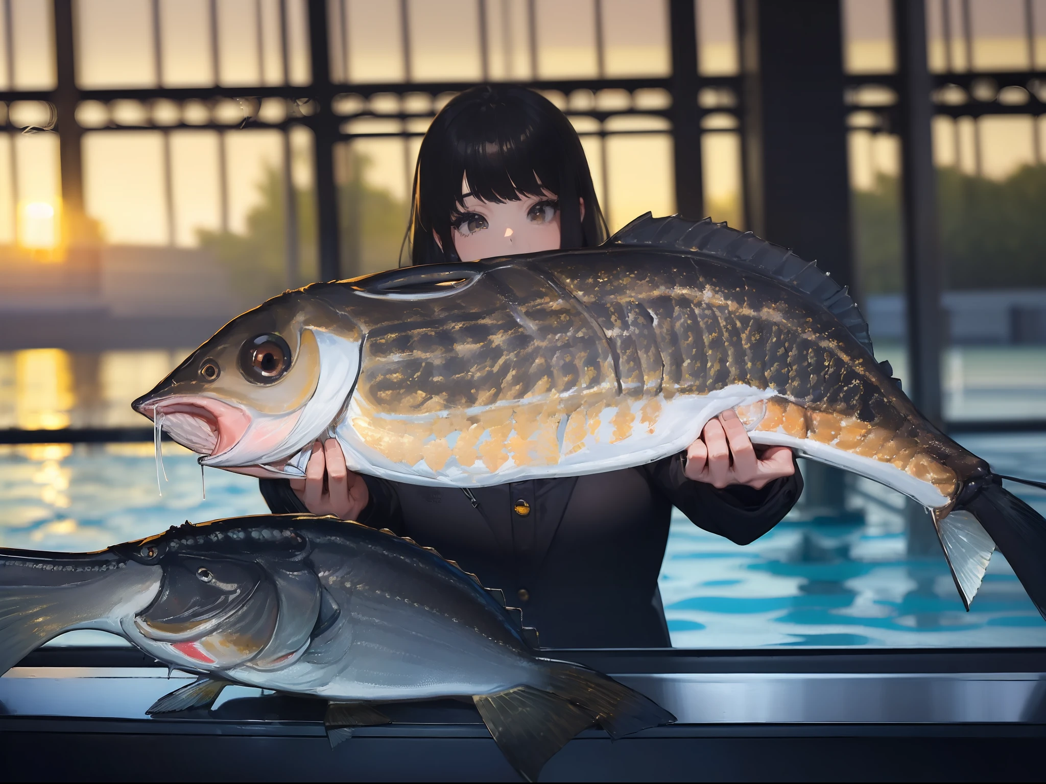 ((((Catch a big black bass by the lake:1.5)))),((1 female 22 years old)),((Best Quality, masterpiece :1.5)),(((Hands with the correct number and structure of fingers:1.5))),hight resolution,ultra-detailliert,masterpiece,best qualtiy,Black hair, long eyeslashes, Solid Circle Eyes, Smiling Woman, drop shadow, Atmospheric perspective,Super Detail, ccurate, small brest,(Black jacket :1.1),top-quality, blurry backround, bokeh dof:1.2, (masterpiece:1.3), Atmospheric perspective,Super Detail,Fish with the correct structure,dynamic compositions