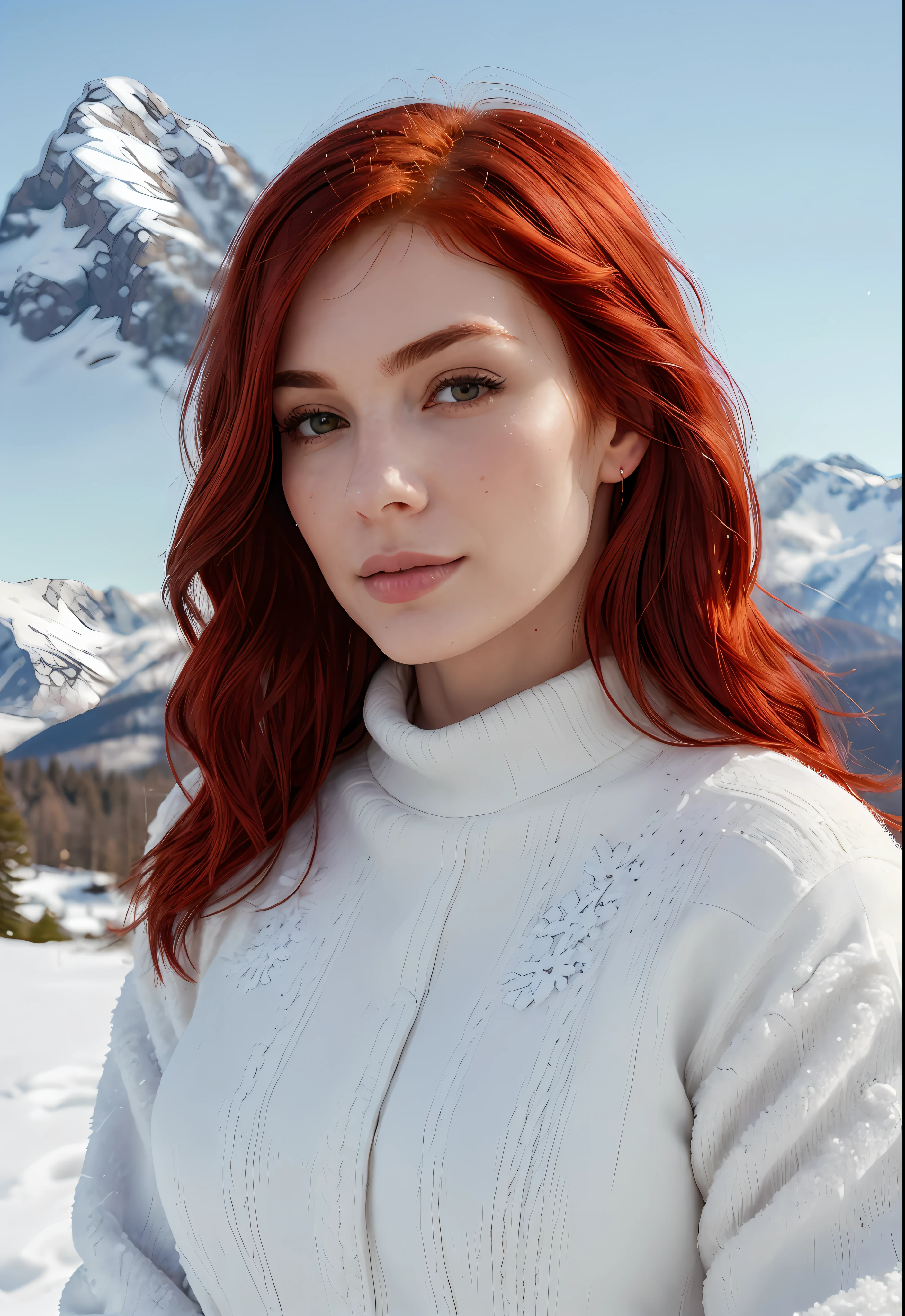1 woman, ((intense and detailed skin)), ((vibrant red hair)), stunning portrait, best quality, high quality, realistic, masterpiece, majestic snowy mountains, snow-covered peaks, crisp white landscape, winter wonderland, frozen beauty, icy surroundings, serene atmosphere, natural lighting, clear blue sky, atmospheric perspective, detailed clothing, warm attire, cozy outfit, elegant presence, confident expression, tranquil scene, captivating beauty, breathtaking view, vibrant colors, artistically rendered, cinematic style, meticulous attention to detail.