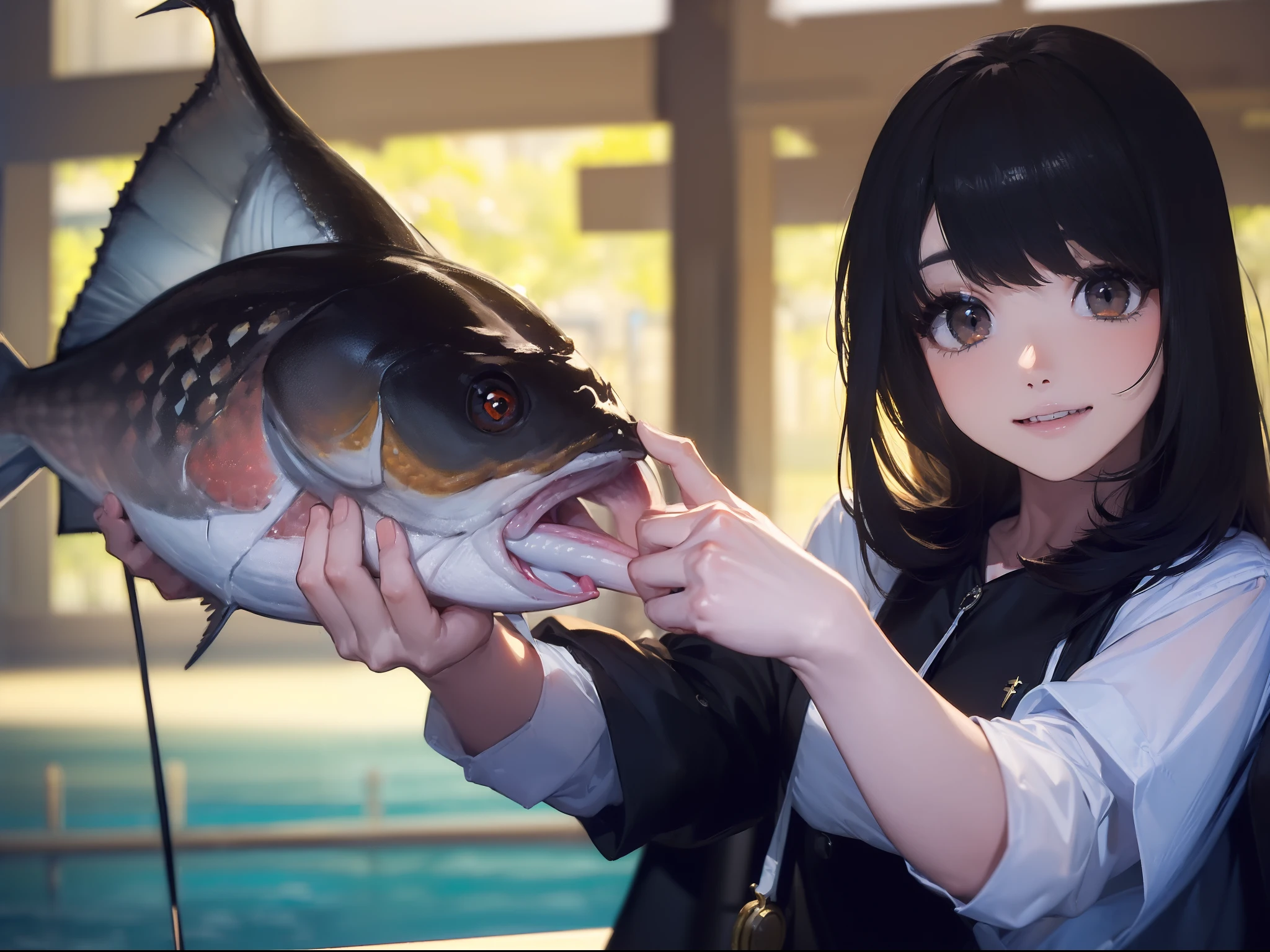 ((((Catch a big black bass by the lake:1.5)))),((1 female 22 years old)),((Best Quality, masterpiece :1.5)),(((Hands with the correct number and structure of fingers:1.5))),hight resolution,ultra-detailliert,masterpiece,best qualtiy,Black hair, long eyeslashes, Solid Circle Eyes, Smiling Woman, drop shadow, Atmospheric perspective,Super Detail, ccurate, small brest,(Black jacket :1.1),top-quality, blurry backround, bokeh dof:1.2, (masterpiece:1.3), Atmospheric perspective,Super Detail,Fish with the correct structure,dynamic compositions