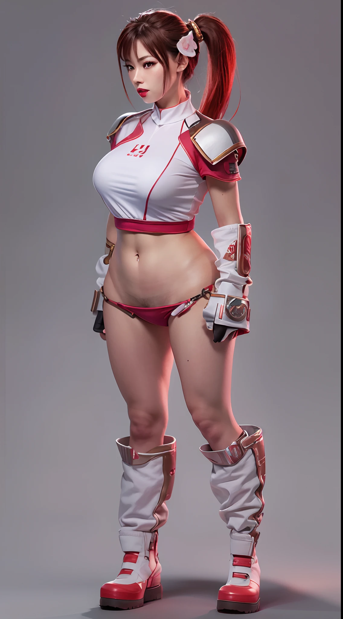 Ultra resolution, 8k, high lighting, photorealism, tall female, medium breasts, medium hips, build (chun li), red hair, red lips, 18 years old, cyberpunk clothing, white shirt