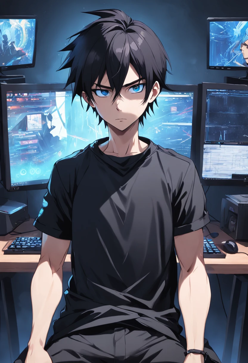 Crie uma imagem de um cara com cabelos longos e pretos, who are stuck in a ponytail. He's wearing a black outfit, including a black T-shirt and black pants. He has blue eyes and an expression of boredom on his face. Behind him, there are three monitors and a gaming PC. A imagem deve ser super detalhada, mostrando os detalhes dos cabelos, roupas e dos equipamentos de computador.