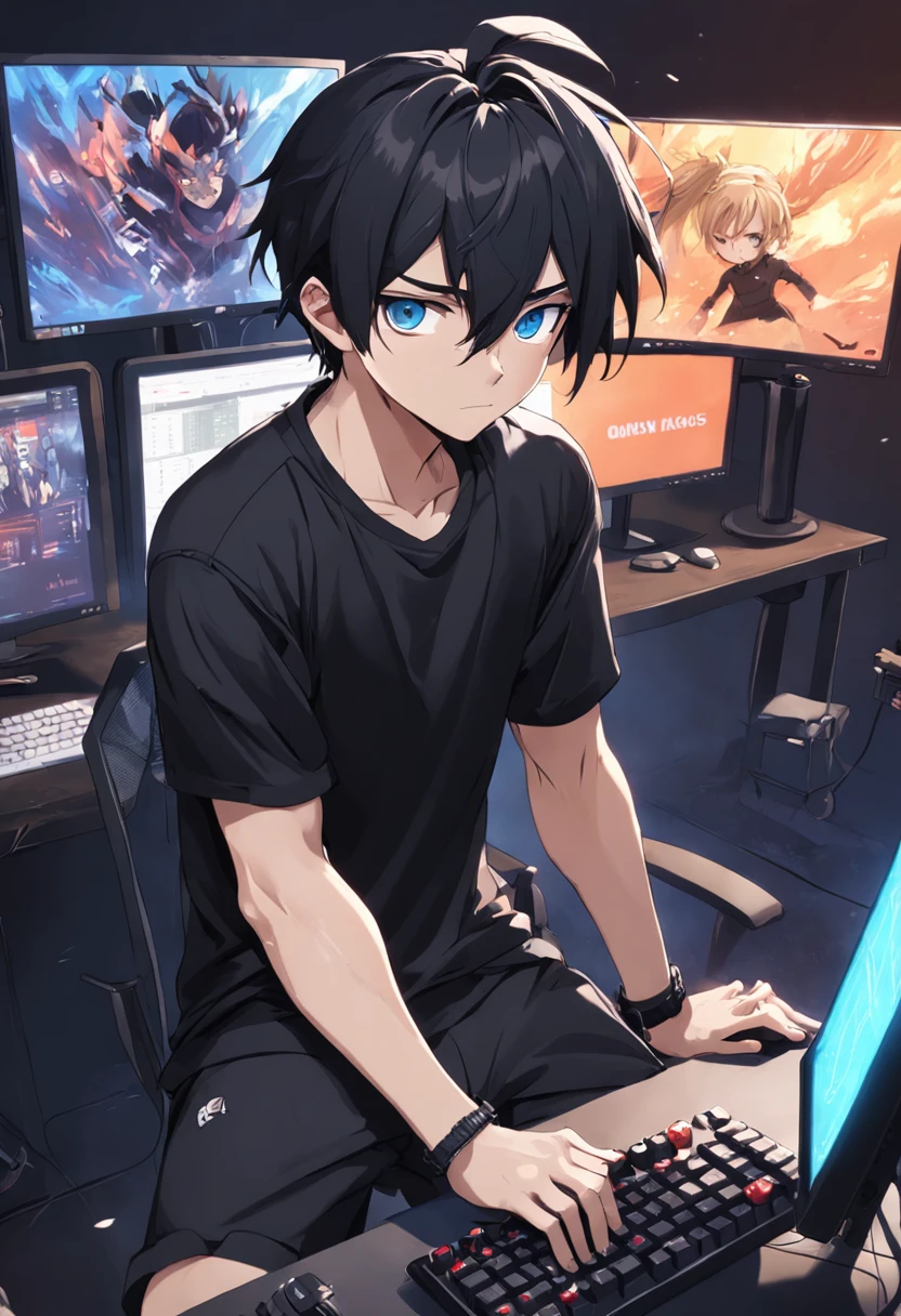 Crie uma imagem de um cara com cabelos longos e pretos, who are stuck in a ponytail. He's wearing a black outfit, including a black T-shirt and black pants. He has blue eyes and an expression of boredom on his face. Behind him, there are three monitors and a gaming PC. A imagem deve ser super detalhada, mostrando os detalhes dos cabelos, roupas e dos equipamentos de computador.