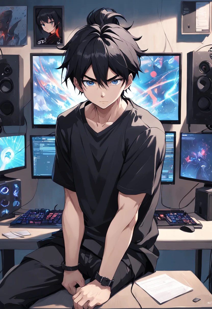 Crie uma imagem de um cara com cabelos longos e pretos, who are stuck in a ponytail. He's wearing a black outfit, including a black T-shirt and black pants. He has blue eyes and an expression of boredom on his face. Behind him, there are three monitors and a gaming PC. A imagem deve ser super detalhada, mostrando os detalhes dos cabelos, roupas e dos equipamentos de computador.
