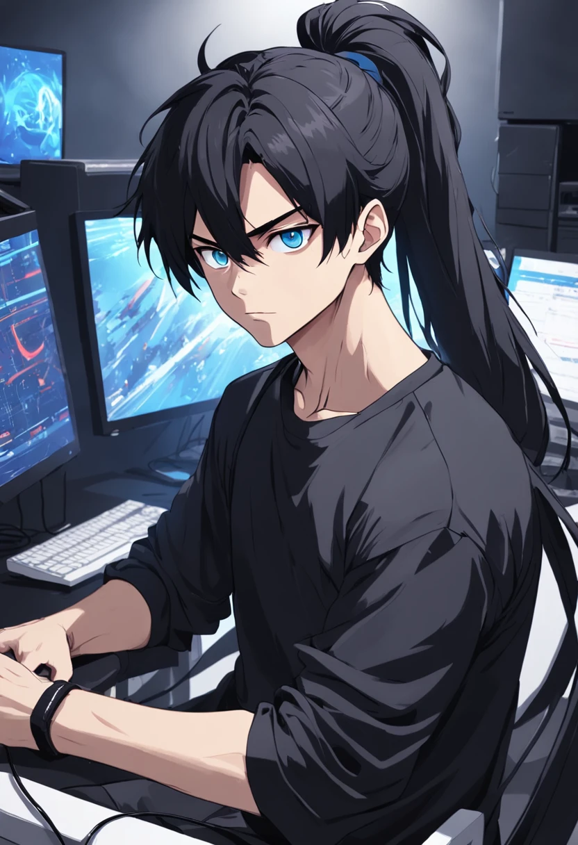 Crie uma imagem de um cara com cabelos longos e pretos, who are stuck in a ponytail. He's wearing a black outfit, including a black T-shirt and black pants. He has blue eyes and an expression of boredom on his face. Behind him, there are three monitors and a gaming PC. A imagem deve ser super detalhada, mostrando os detalhes dos cabelos, roupas e dos equipamentos de computador.